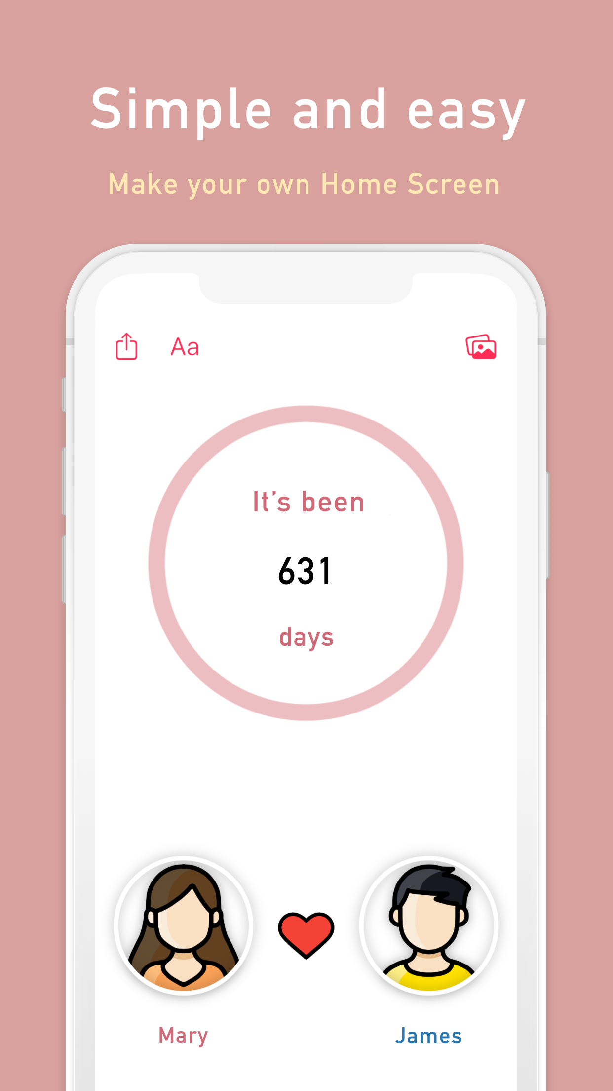 Anniversary Tracker showing a couple's time together with a day counter and profile photos