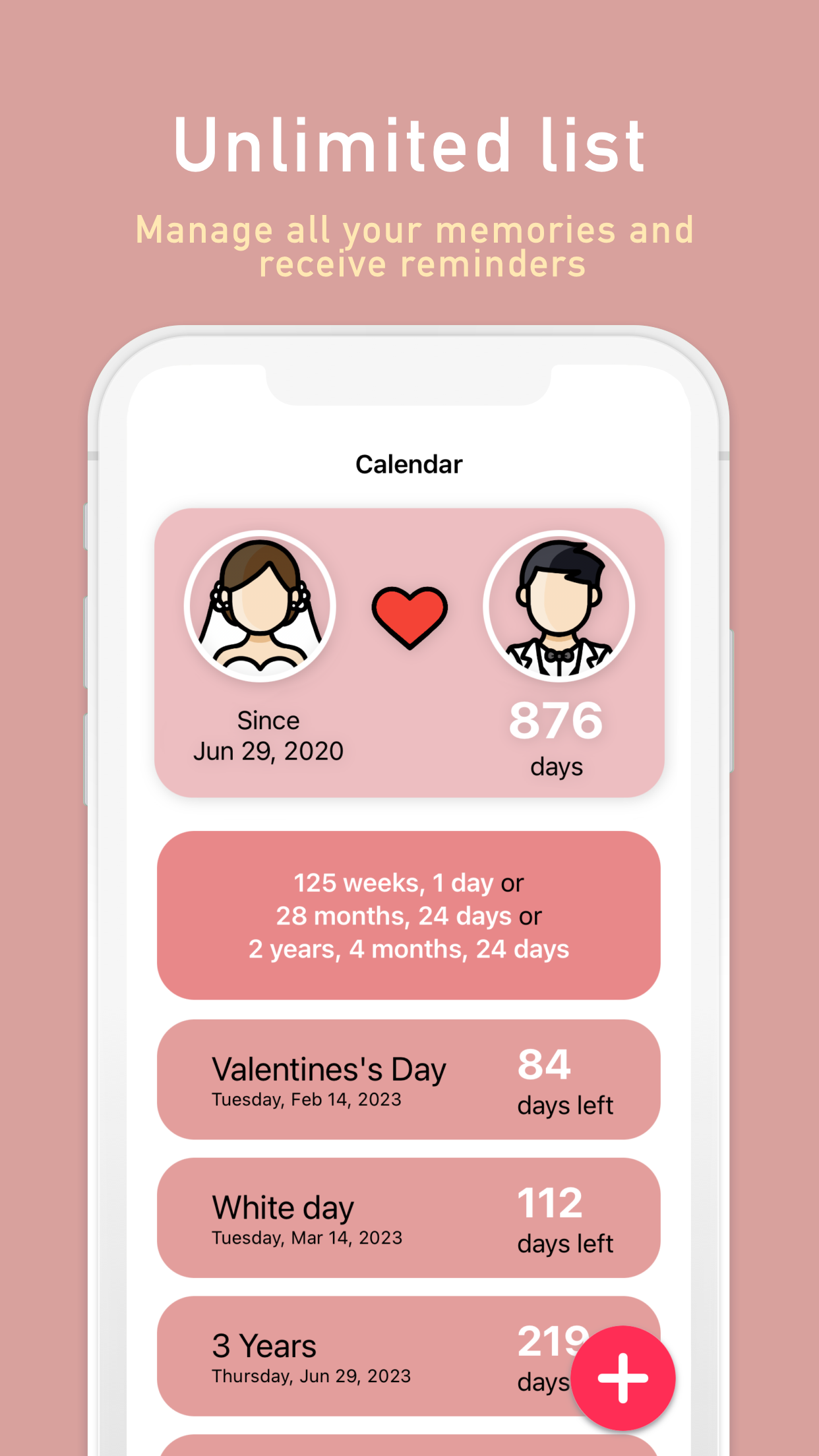 Anniversary Tracker calendar listing upcoming anniversaries and special dates