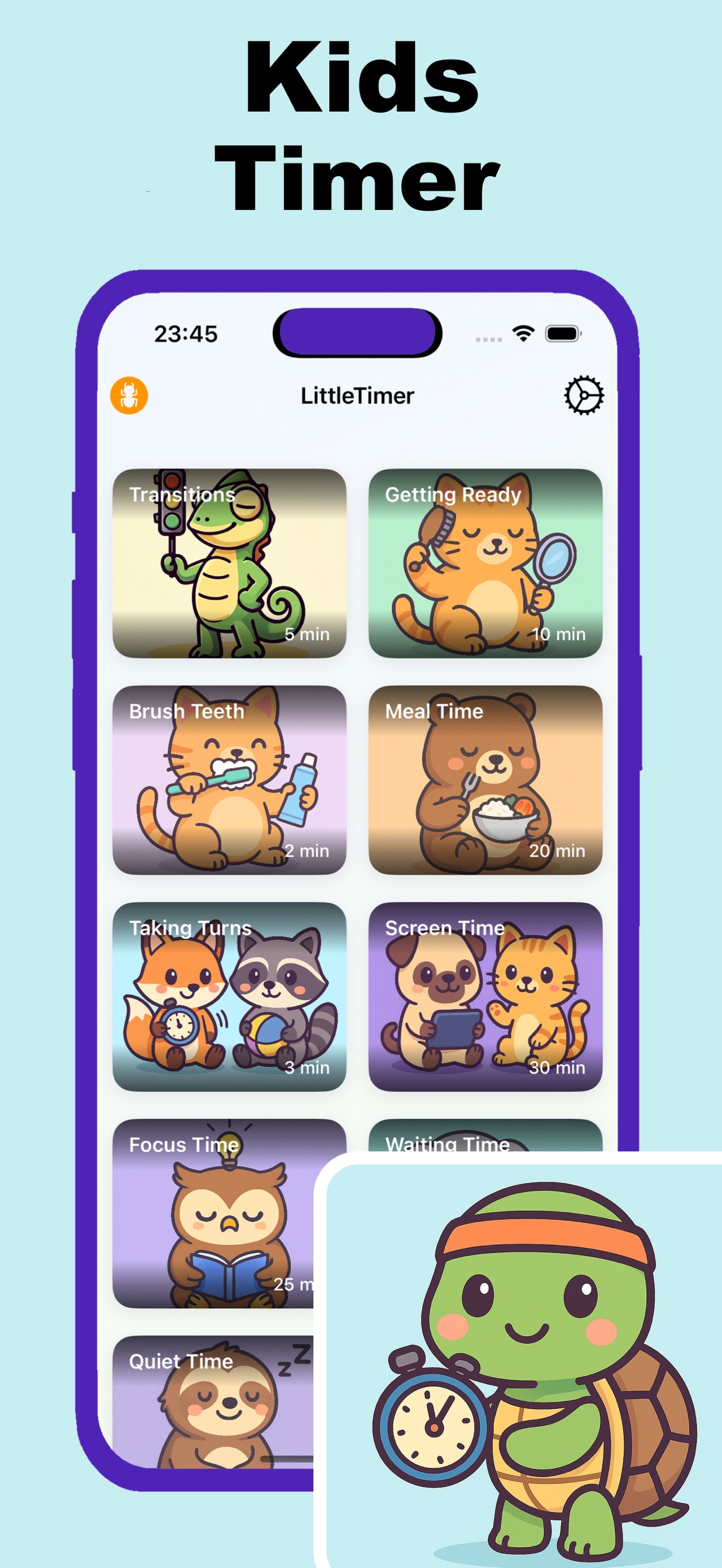 Kids Timer on iPhone showing illustrated preset cards for routines including getting ready, brushing teeth, meals, screen time, and focus time