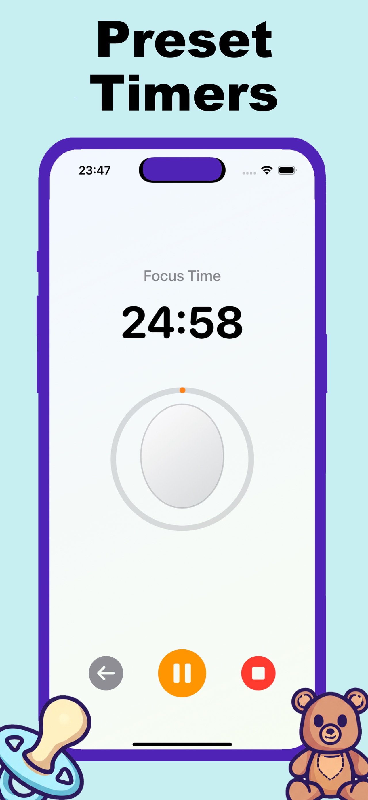 Kids Timer focus countdown showing a large time display, circular progress indicator, pause button, and stop button
