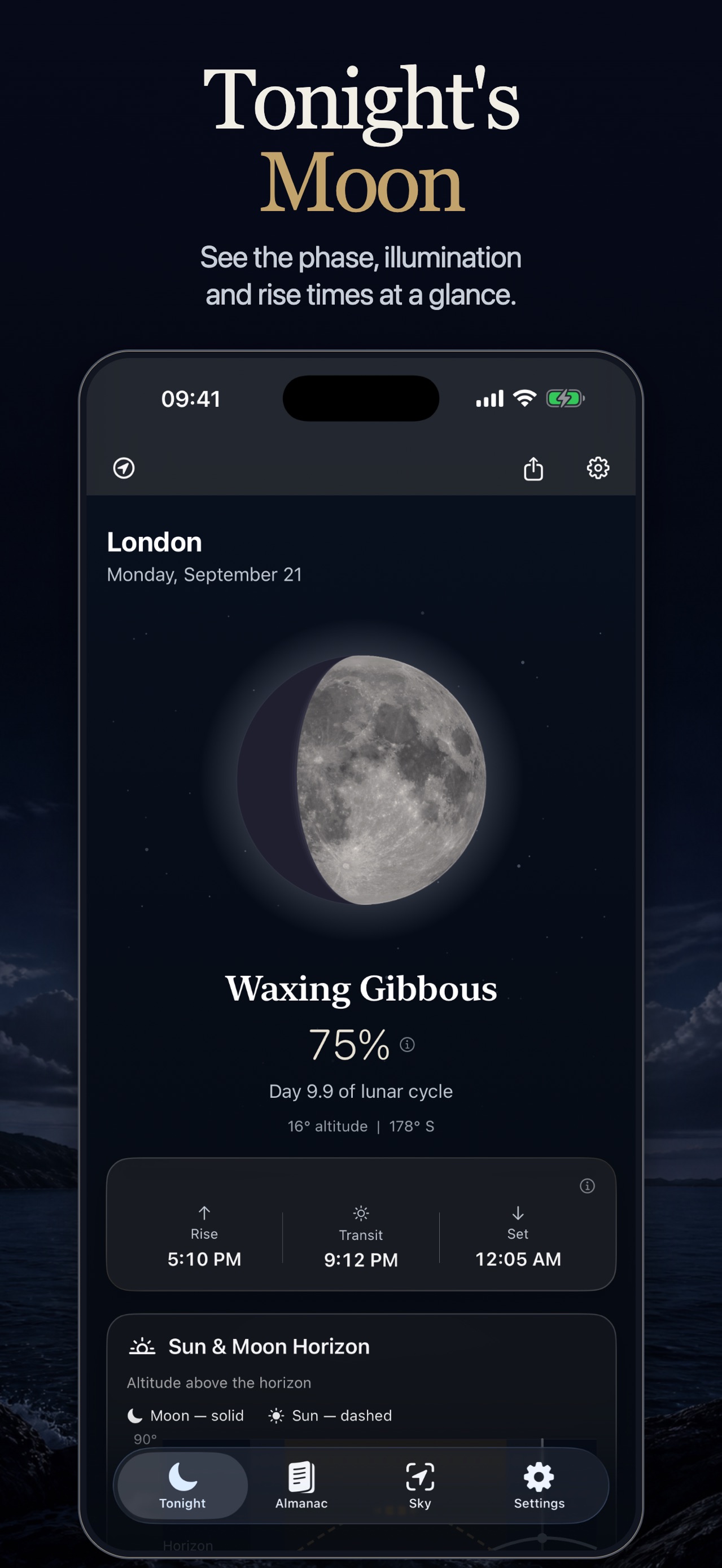 Moon Phases showing tonight's phase, illumination, lunar age, and rise, transit, and set times