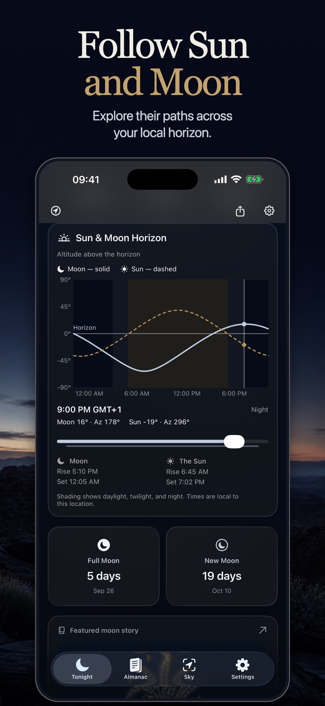 Moon Phases sky compass showing the Moon below the horizon and its current azimuth