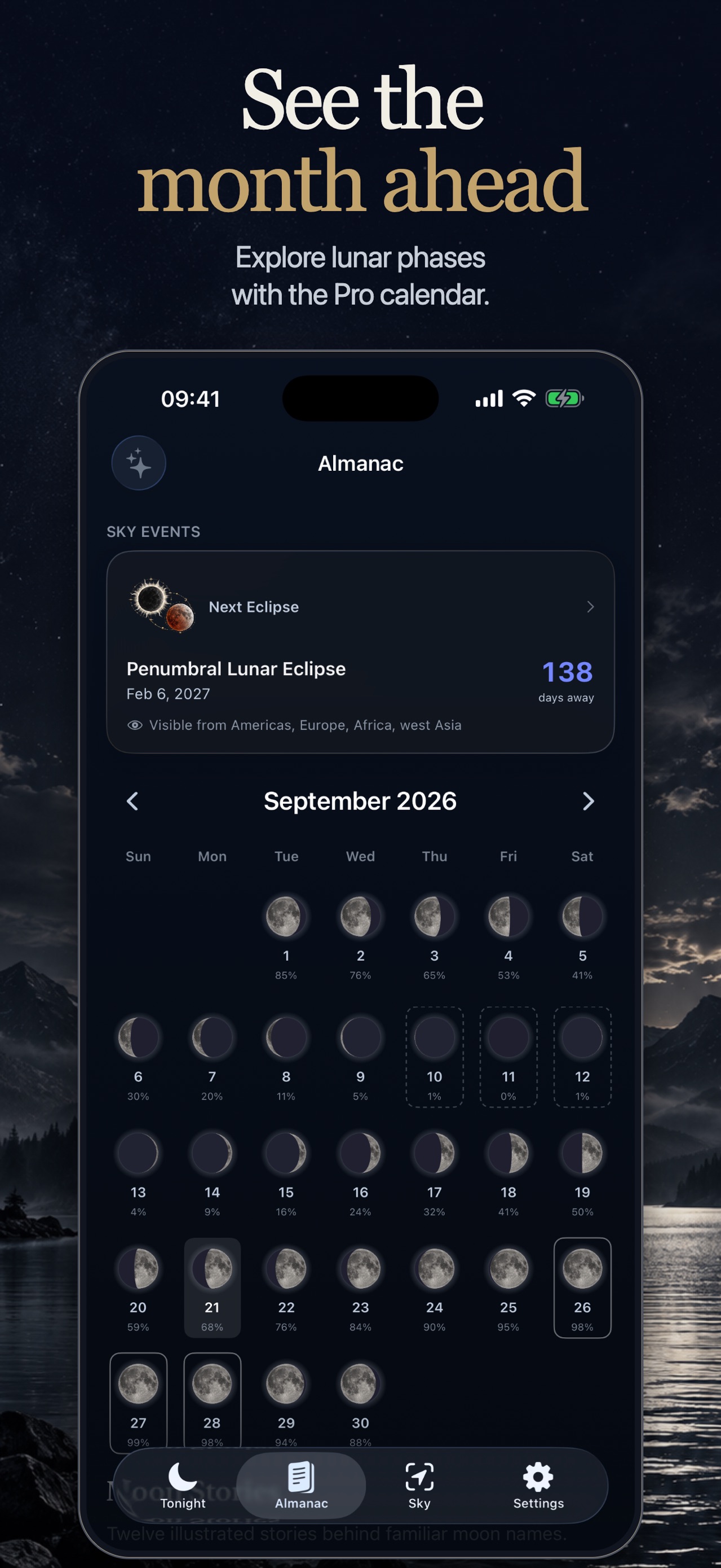 Moon Phases lunar almanac showing an eclipse countdown and a calendar of daily phases and illumination