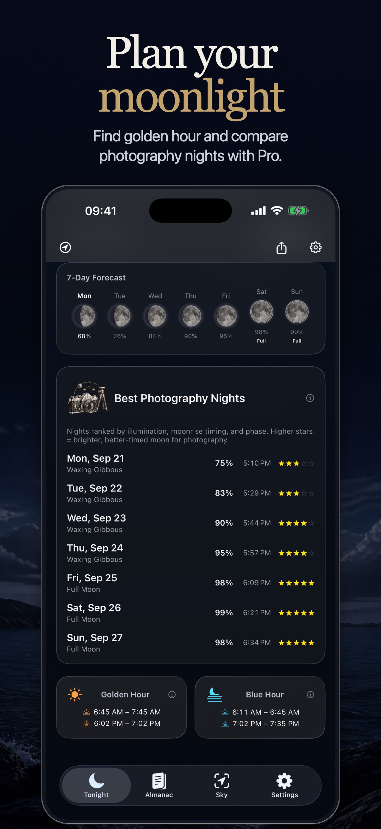 Moon Phases planning screen showing an eclipse, seven-day forecast, photography nights, golden hour, and blue hour