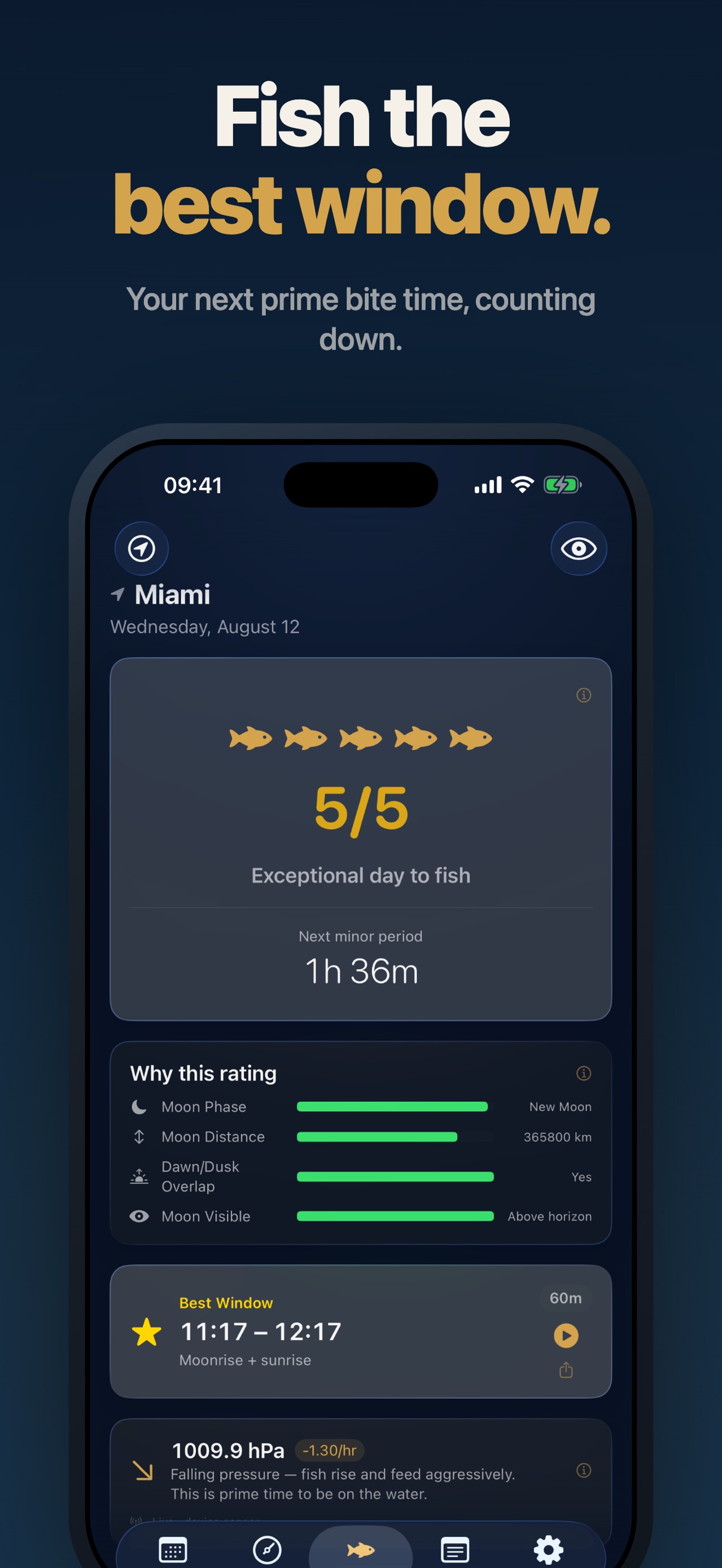 Solunar Fishing Times today screen showing a five fish rating, next window, and fishing factors