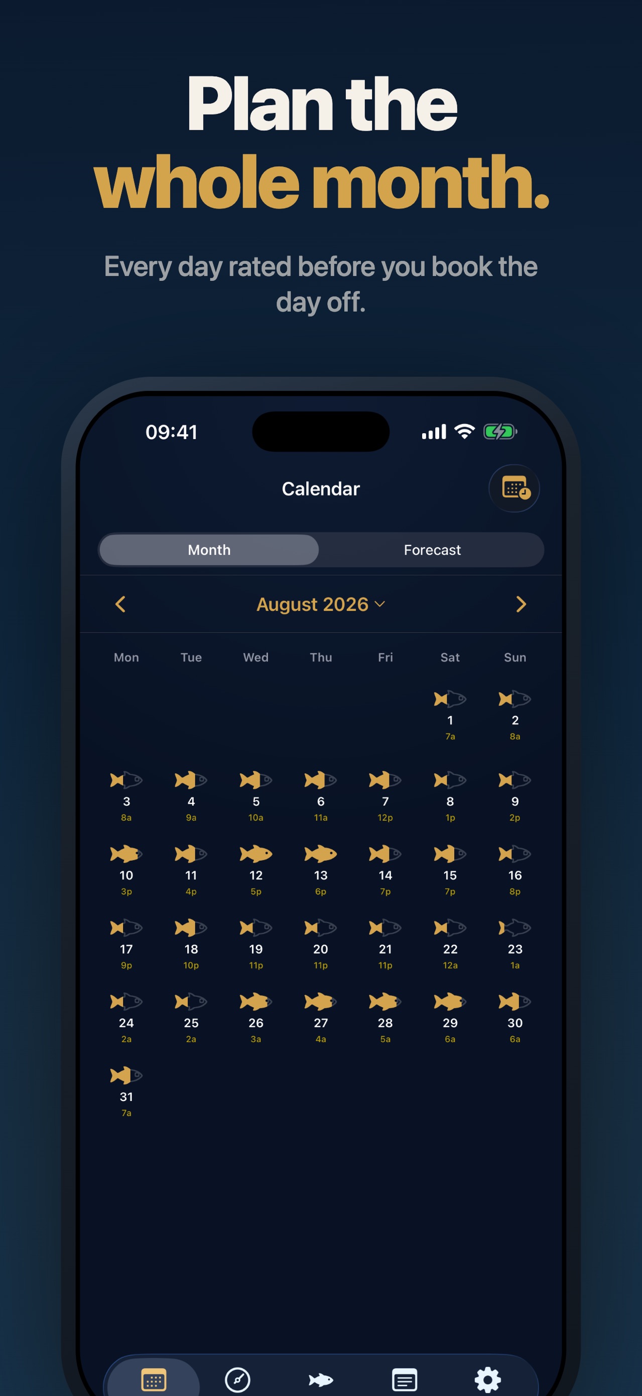 Solunar Fishing Times calendar showing fishing ratings and upcoming planning dates