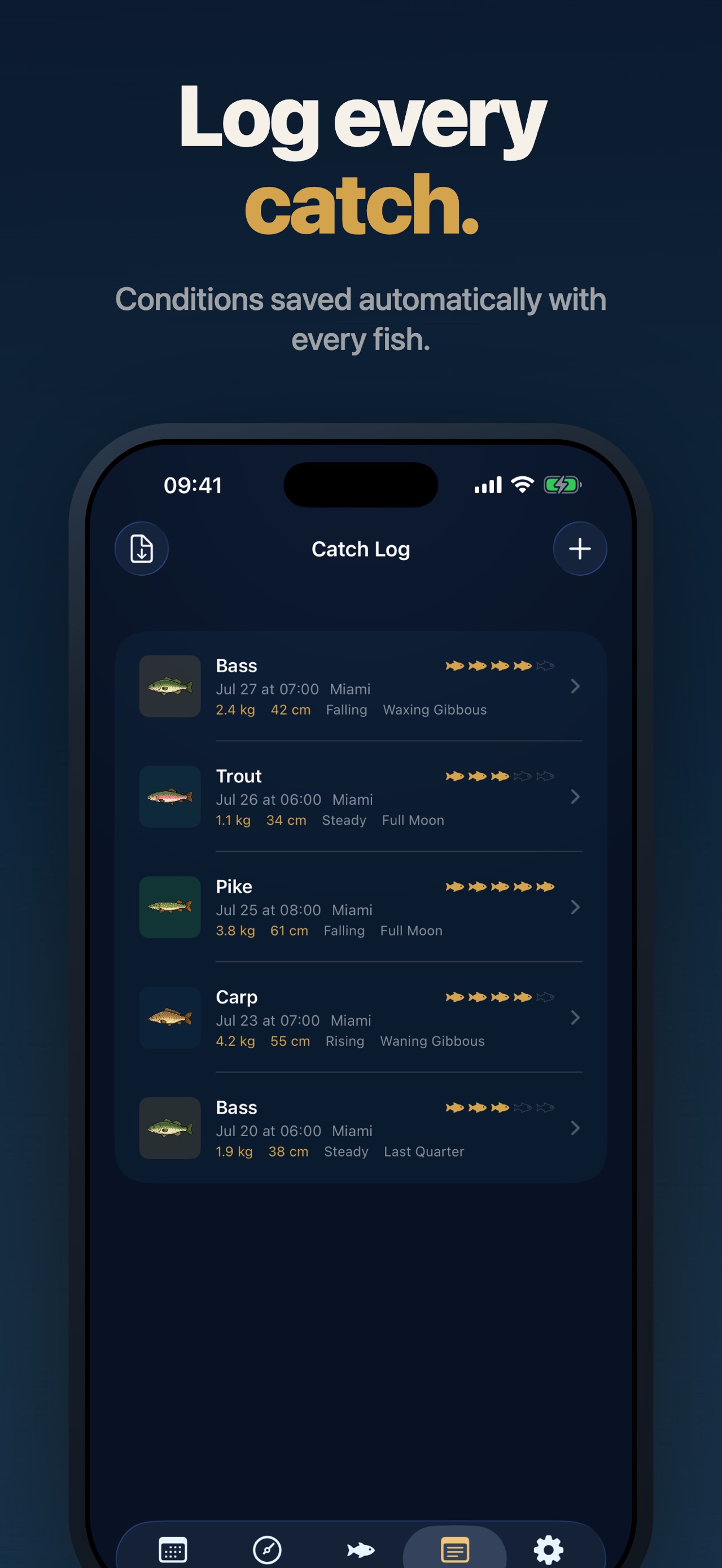 Solunar Fishing Times catch log showing fish, dates, conditions, and ratings