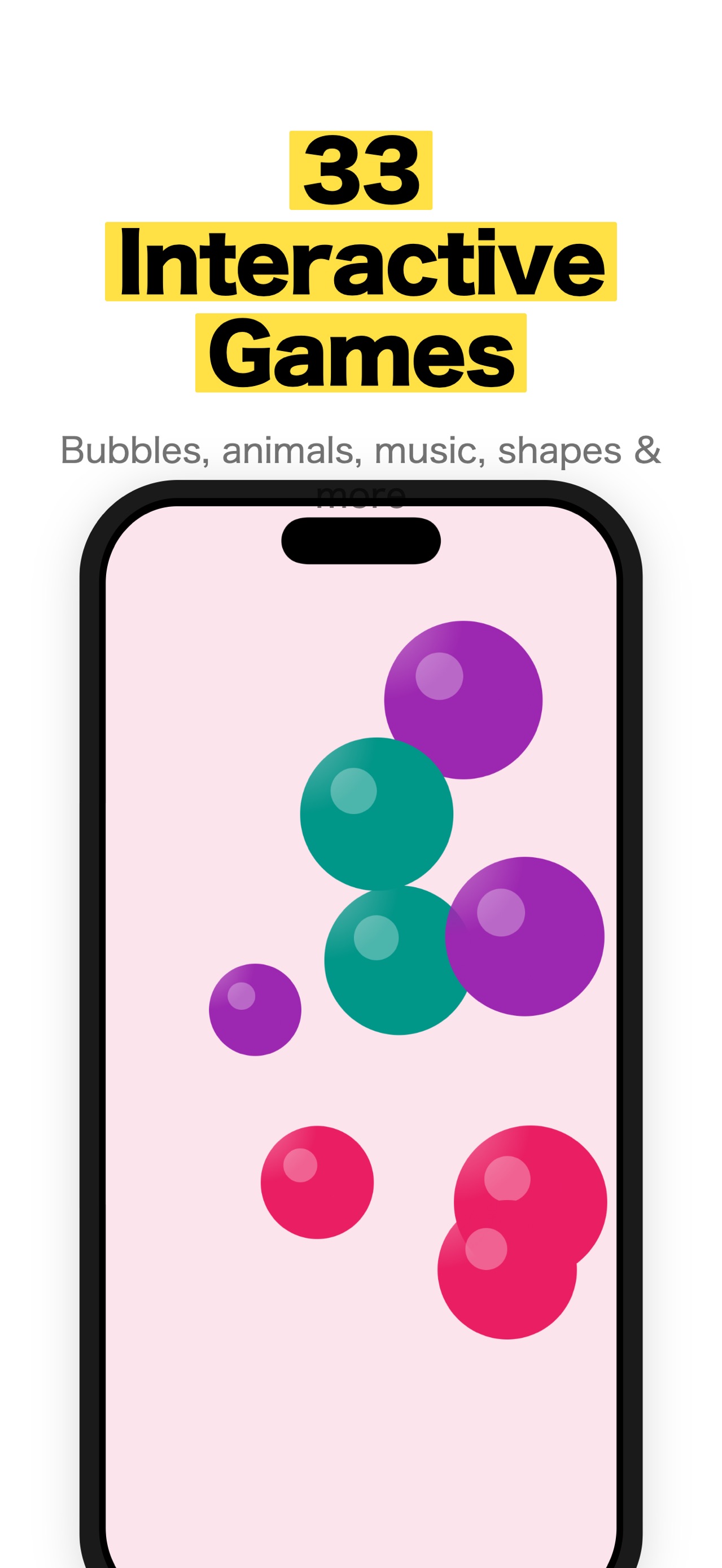 Baby Screen Lock bubbles activity beneath a heading describing 33 interactive games