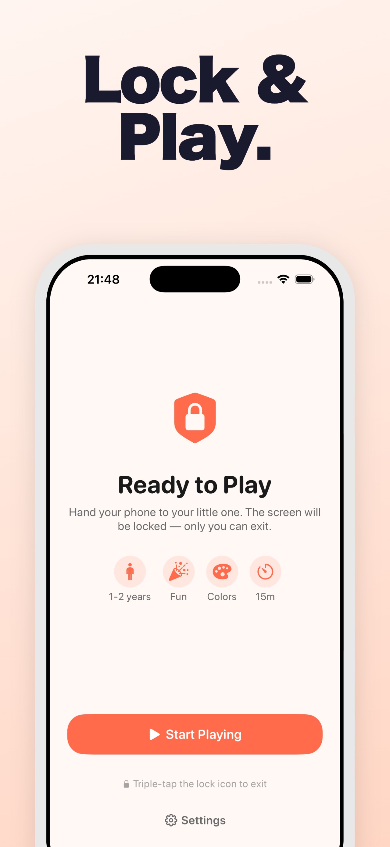 Baby Screen Lock ready screen with age, play mode, colours, and session length controls