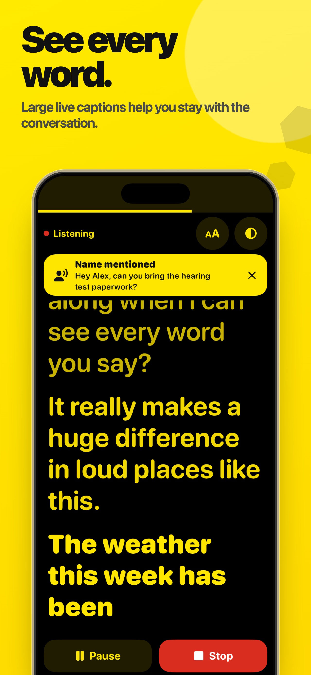 HearBee live captions filling the screen in large type with a name-mentioned alert