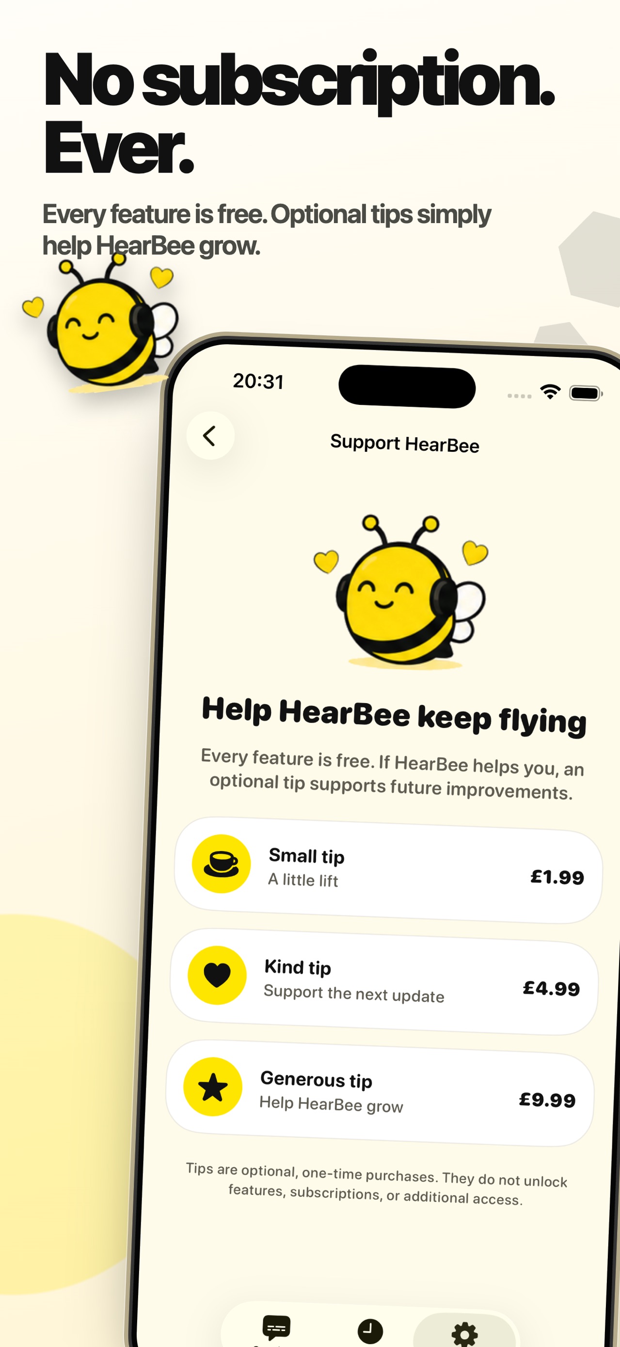 HearBee tip jar showing three optional one-time tips that do not unlock features