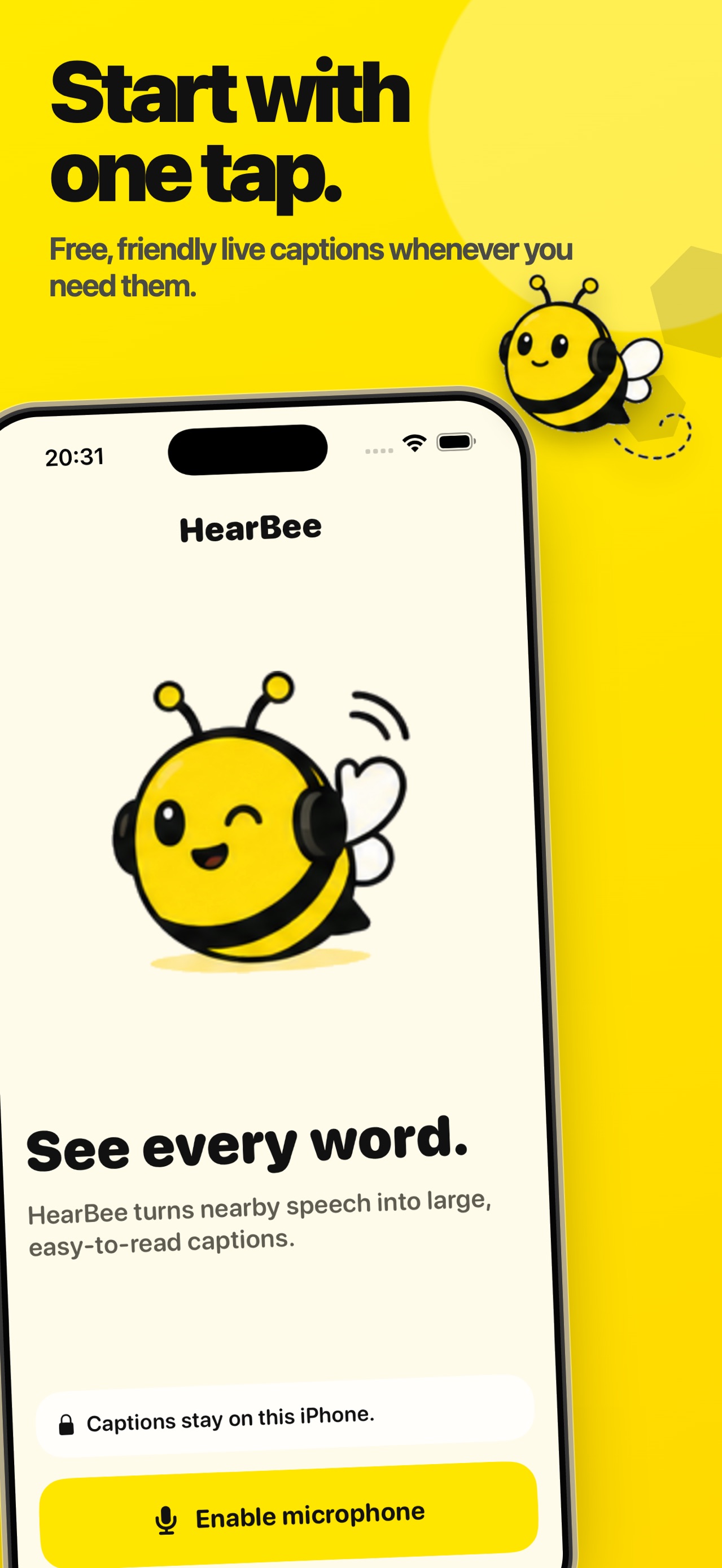 HearBee first-run screen with the bee mascot and an Enable microphone button