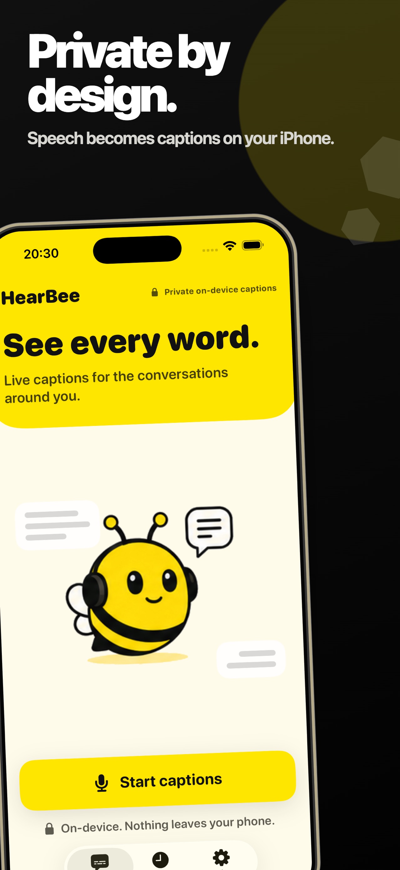 HearBee home screen with the bee mascot, a Start captions button, and on-device privacy labels
