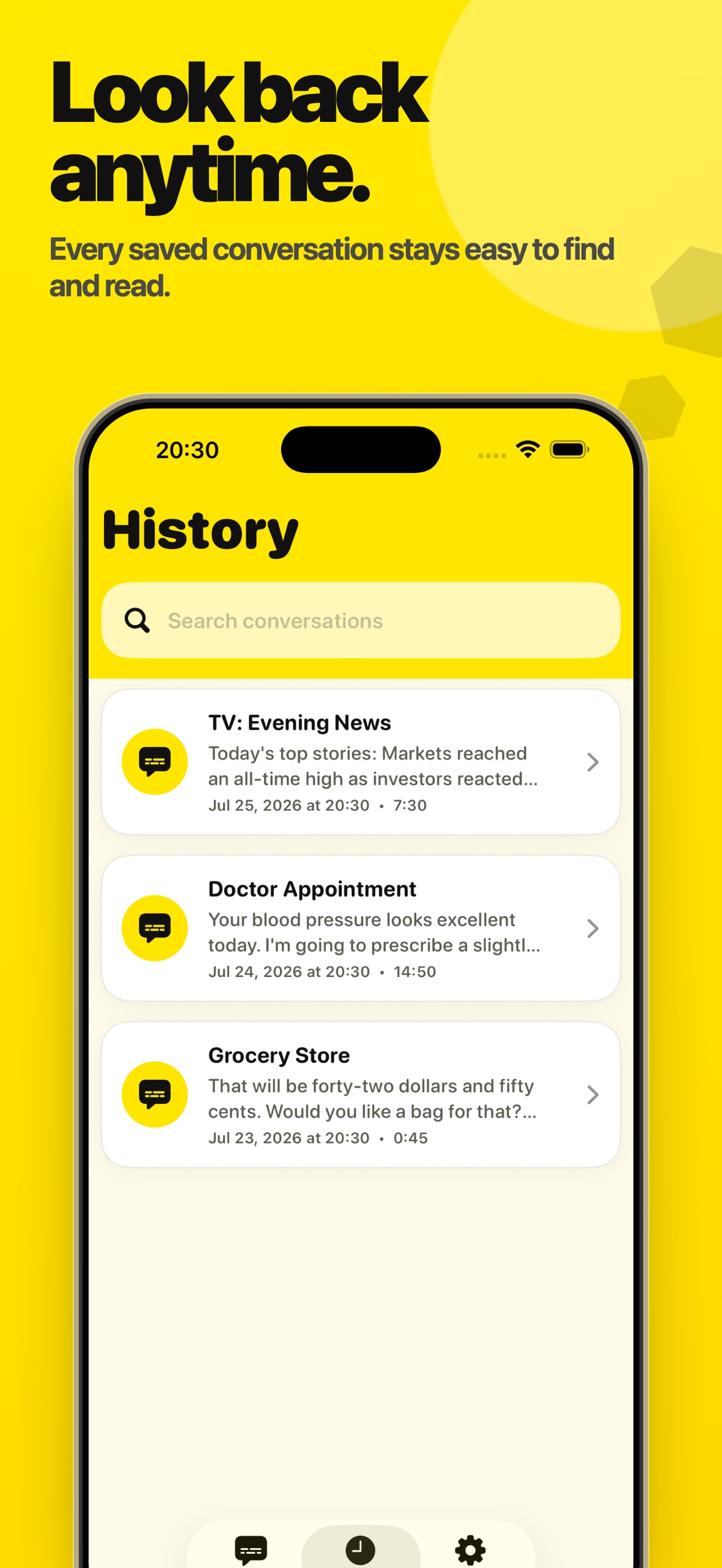 History, listing saved conversations with dates and durations