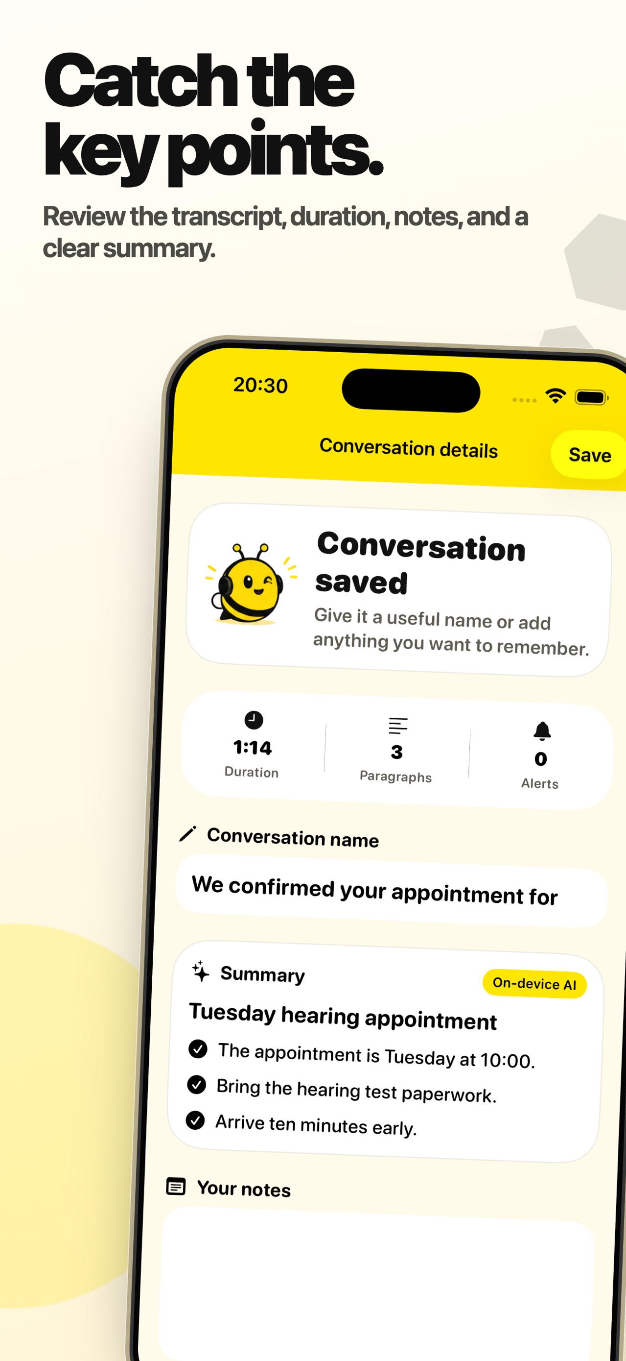 A saved conversation showing duration, paragraph count, an editable name, and an on-device summary