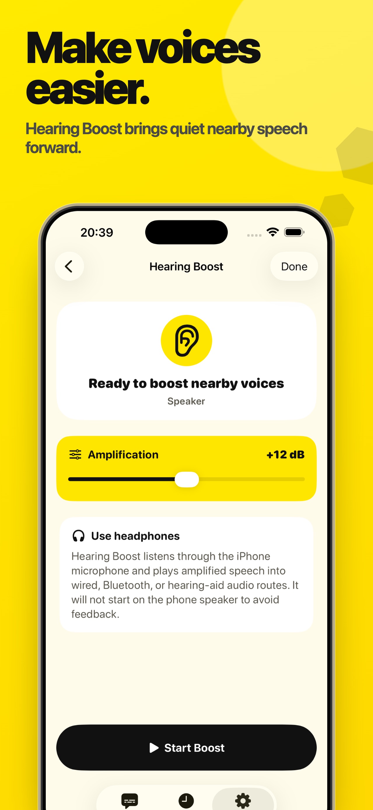 The Hearing Boost screen with an amplification slider and a headphones requirement
