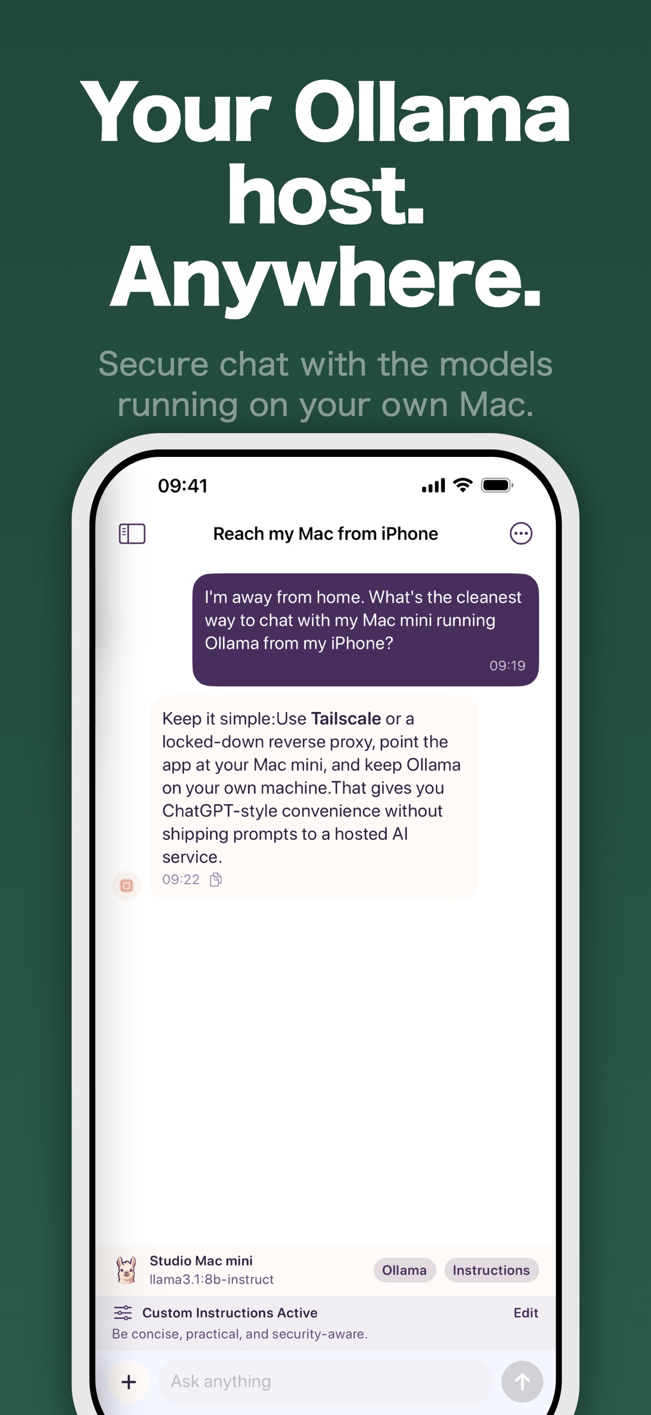 Ollama Connect chat on iPhone with a model running on a user's own Mac