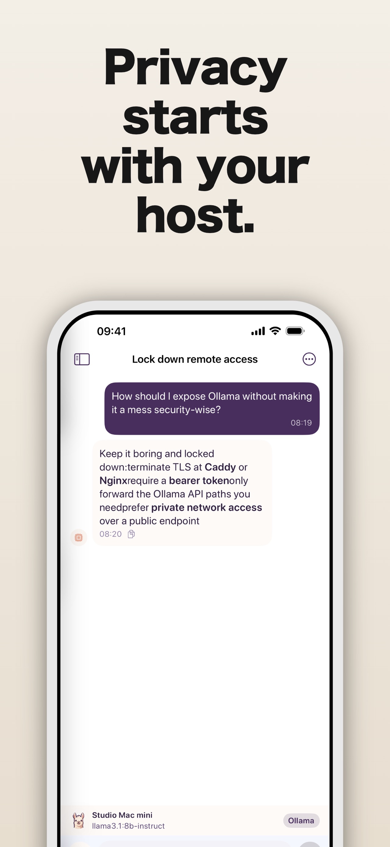 Ollama Connect chat explaining that privacy starts with the user's own host