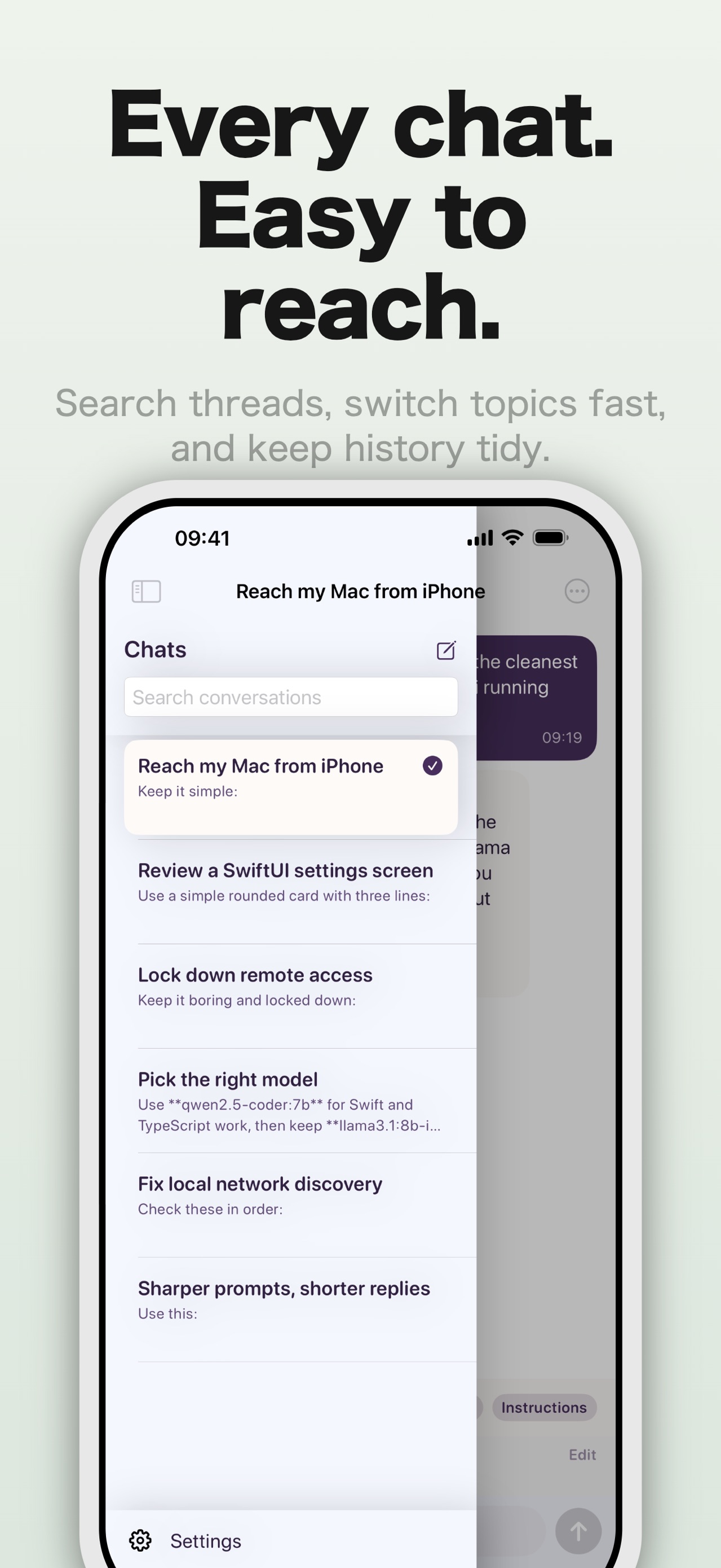 Ollama Connect conversation drawer with searchable threads and saved chat history