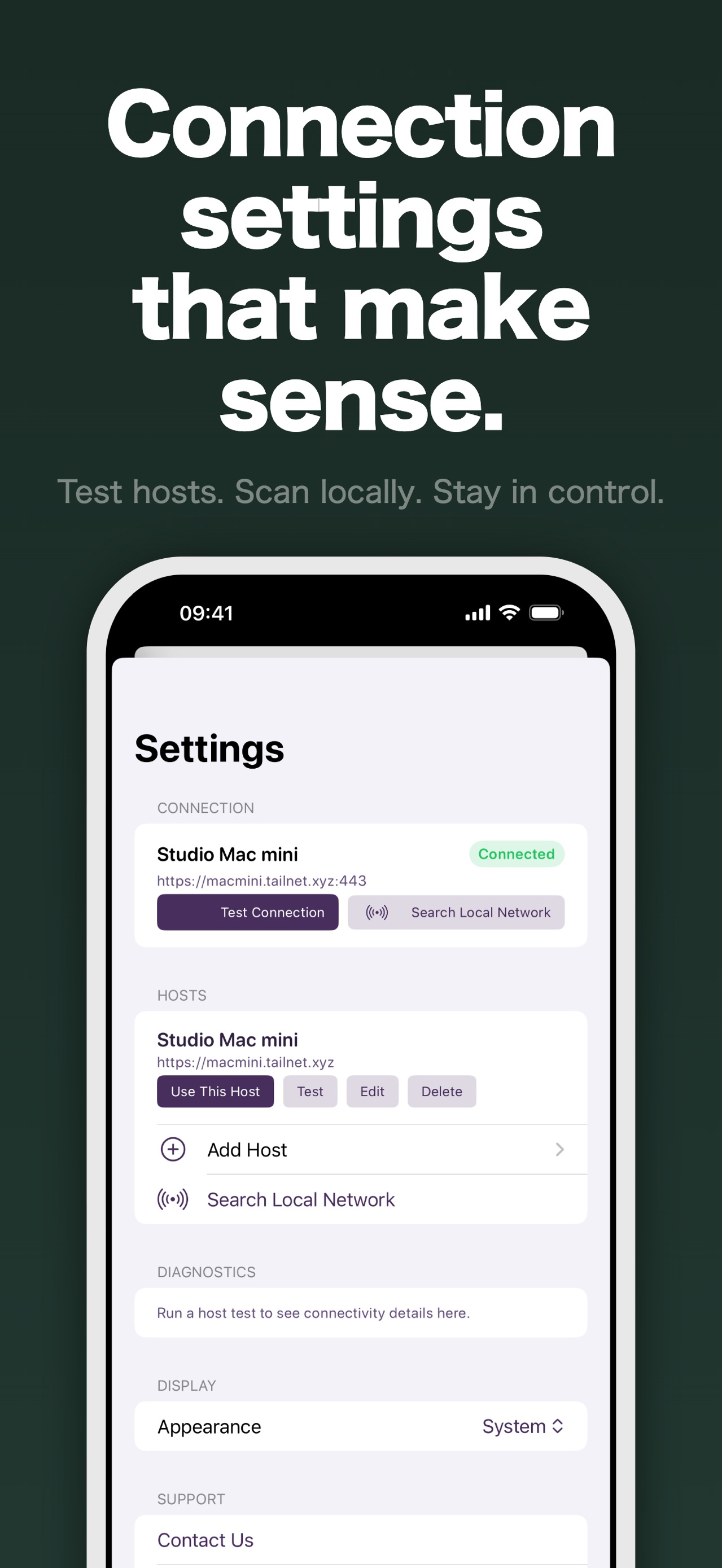 Ollama Connect settings showing host testing and local network discovery controls
