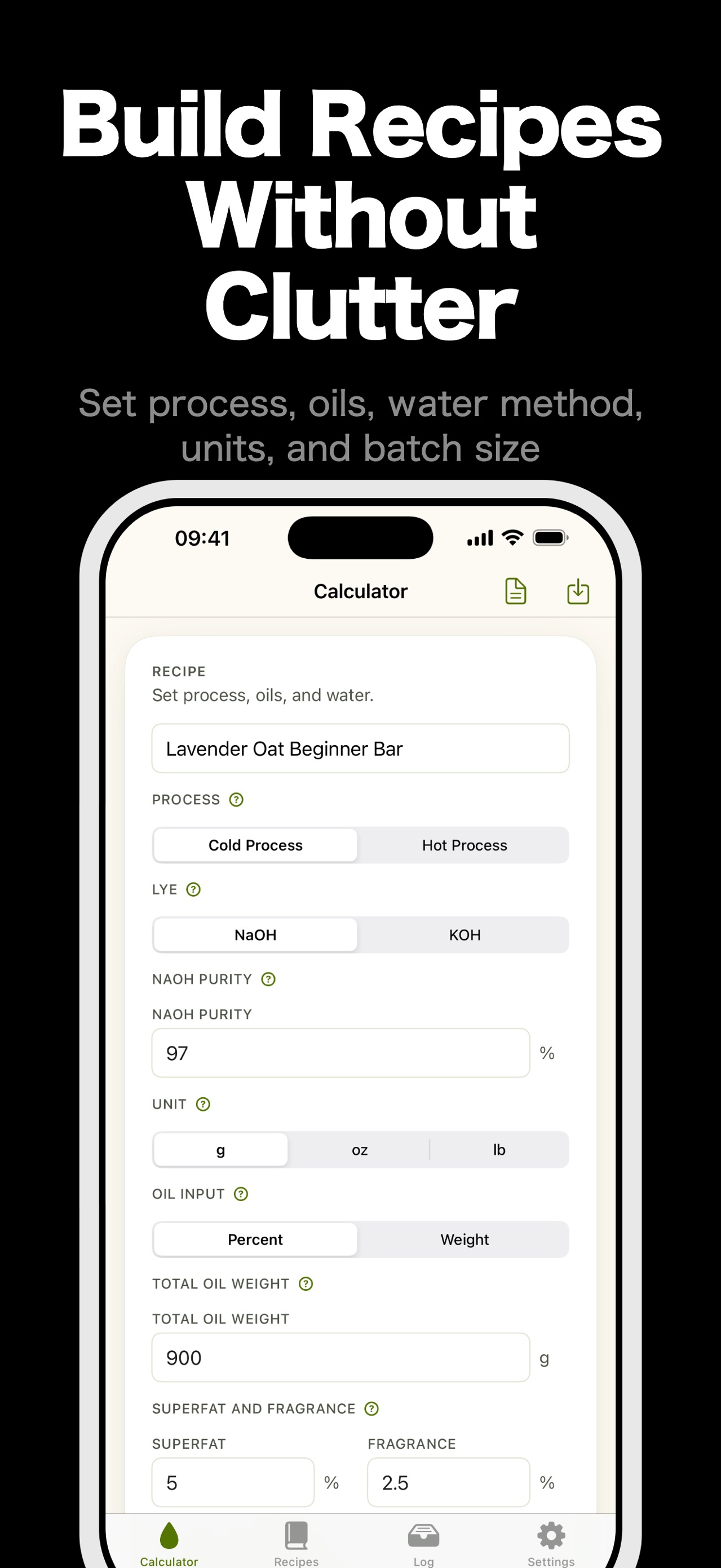 SoapCraft calculator on iPhone with cold or hot process, NaOH or KOH, units, oil input, superfat, and fragrance controls