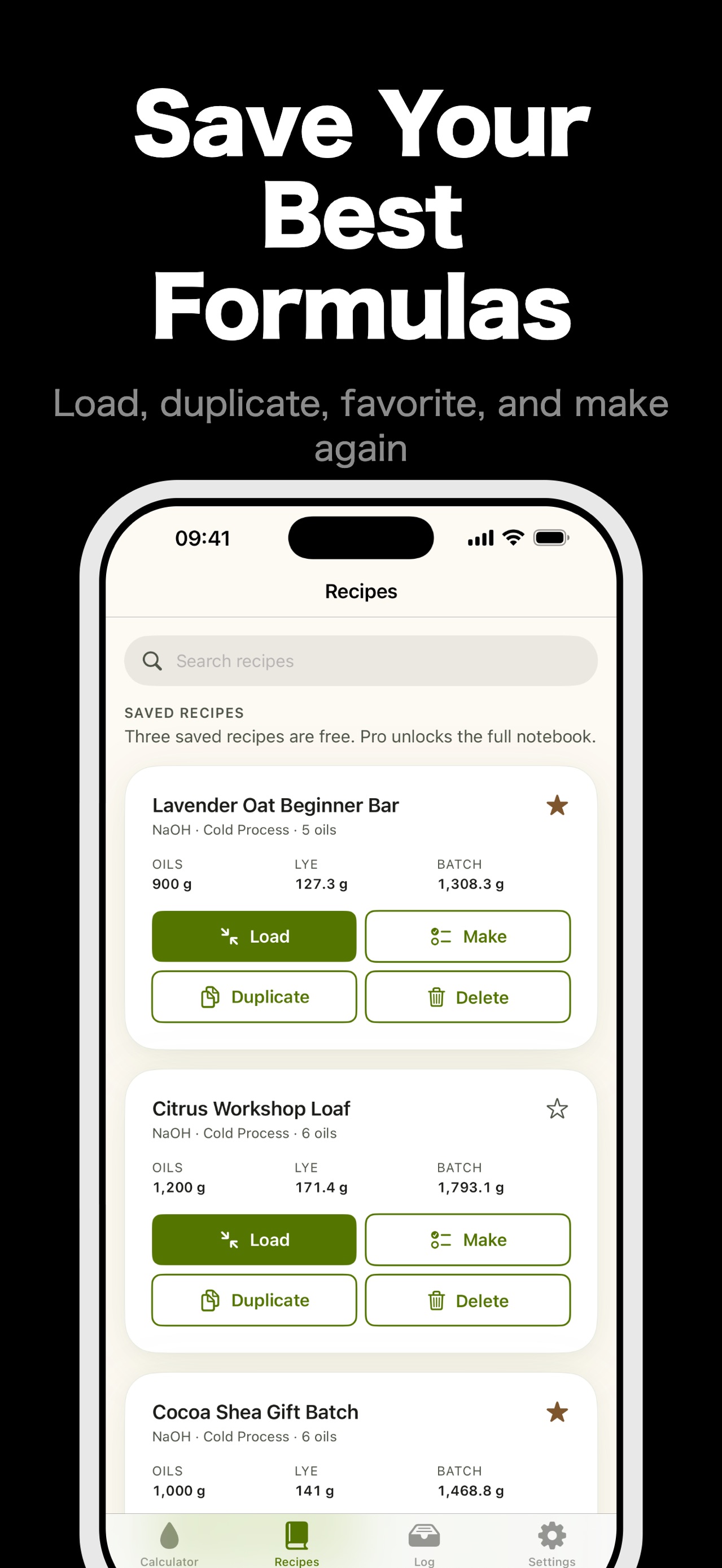 SoapCraft saved recipe library with load, duplicate, favourite, make, and delete controls