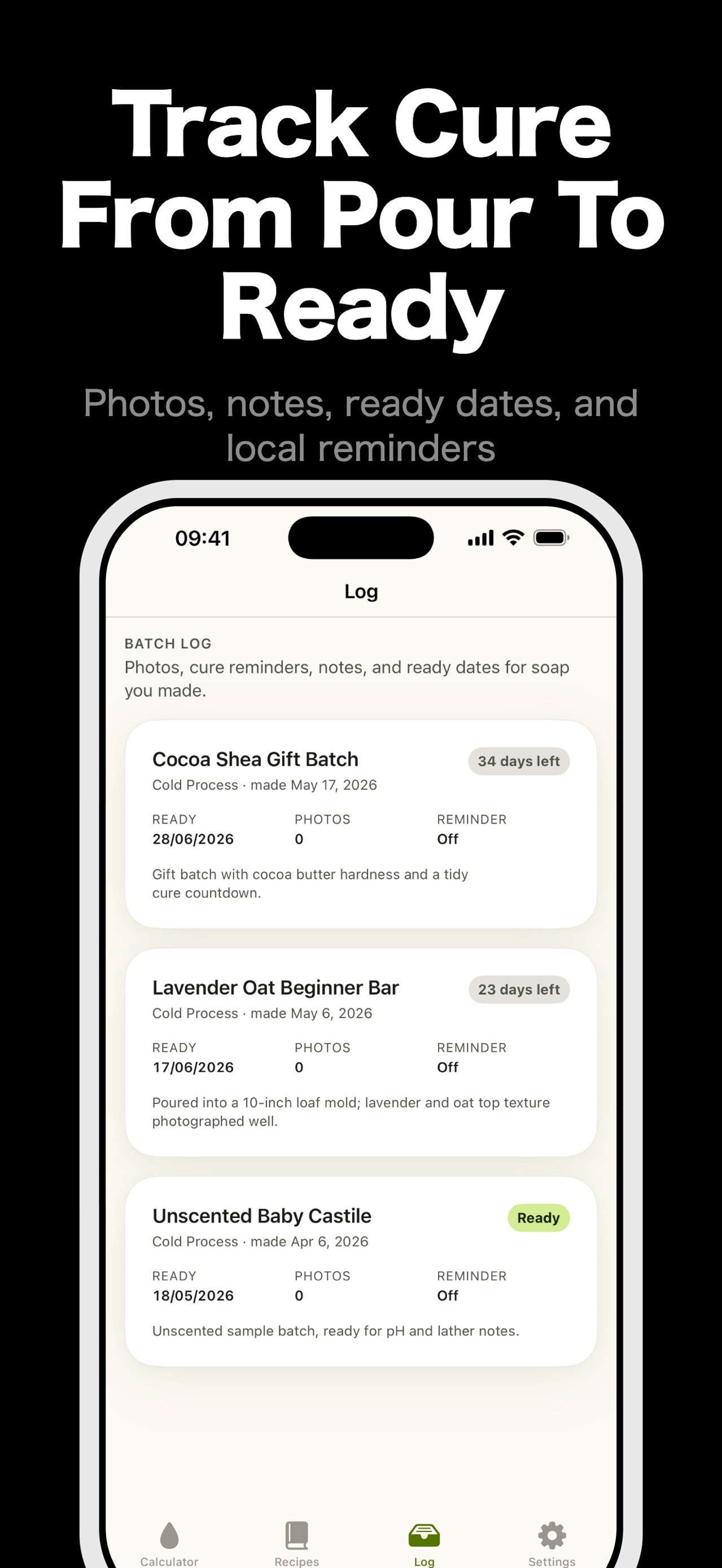 SoapCraft Pro cure log with batch ready dates, notes, photos, and reminder status