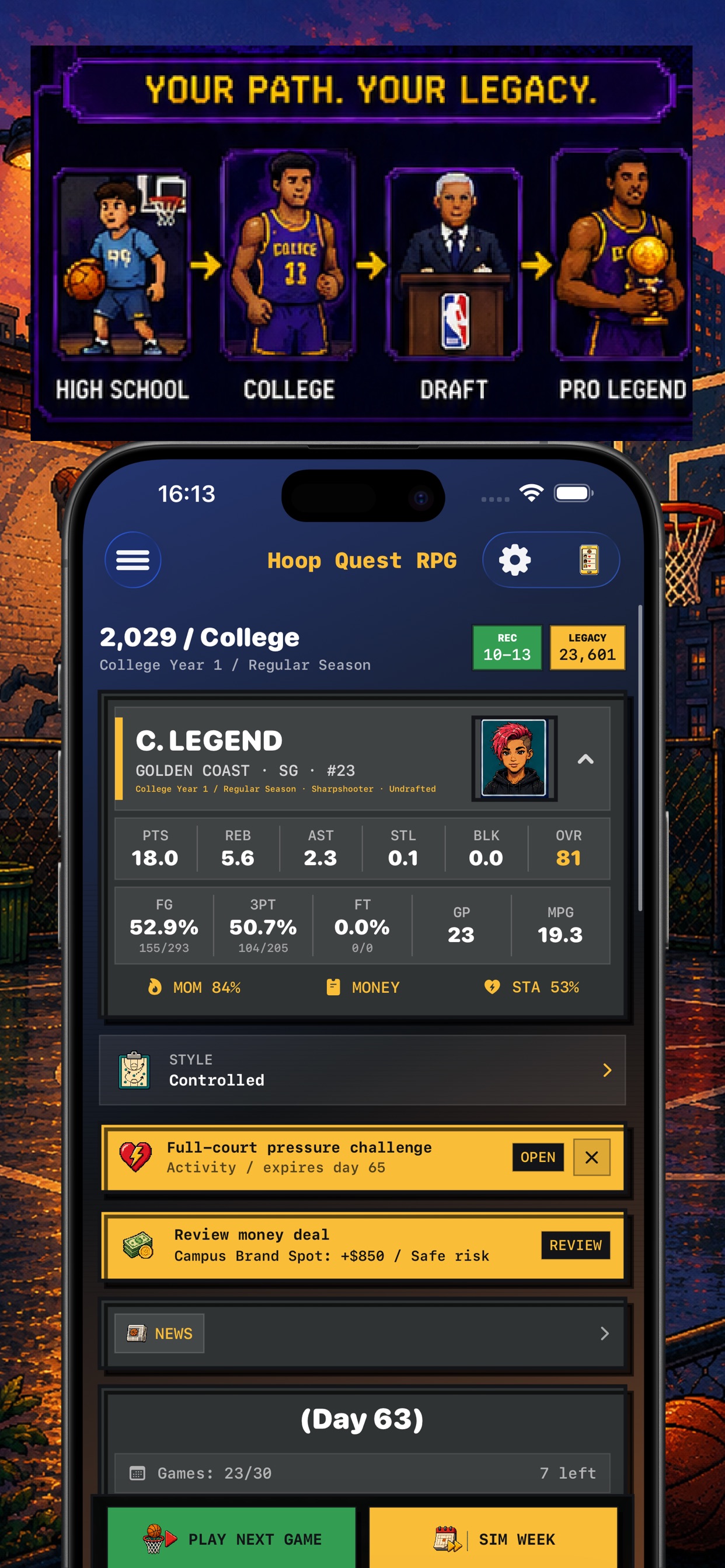 Hoop Quest career dashboard showing a college player profile, ratings, money, stamina, and upcoming games