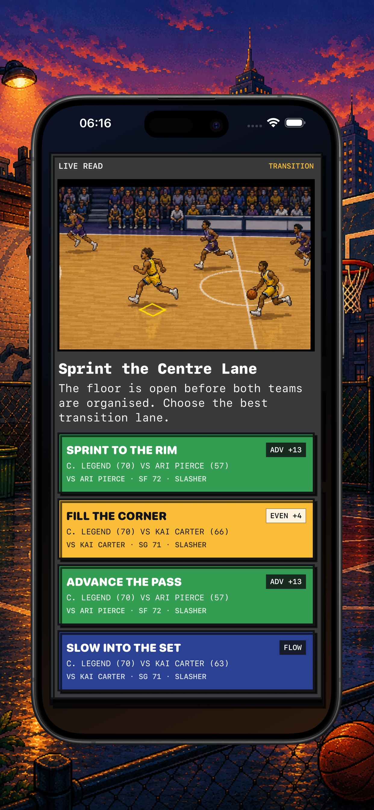 Hoop Quest live game showing a possession and four tactical choices