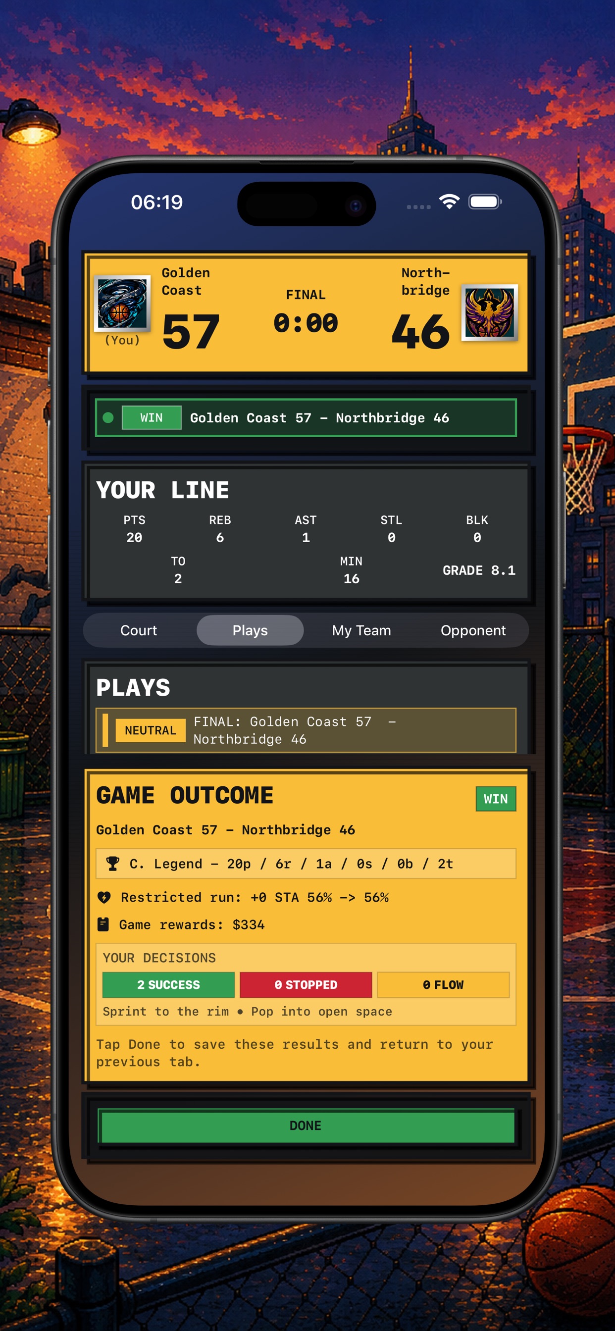 Hoop Quest final score screen showing the player's stat line, play log, and game outcome