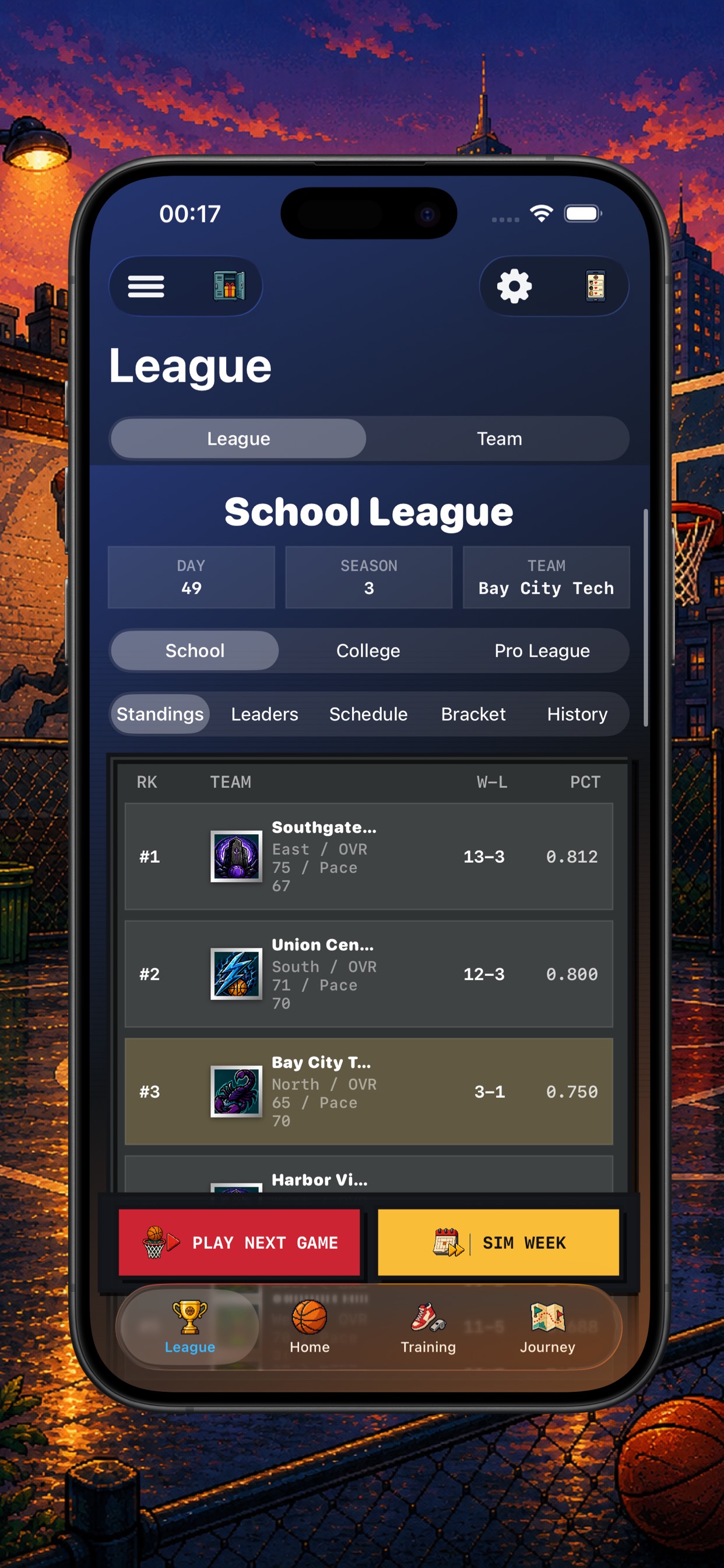 Hoop Quest fictional school league table with standings and season navigation