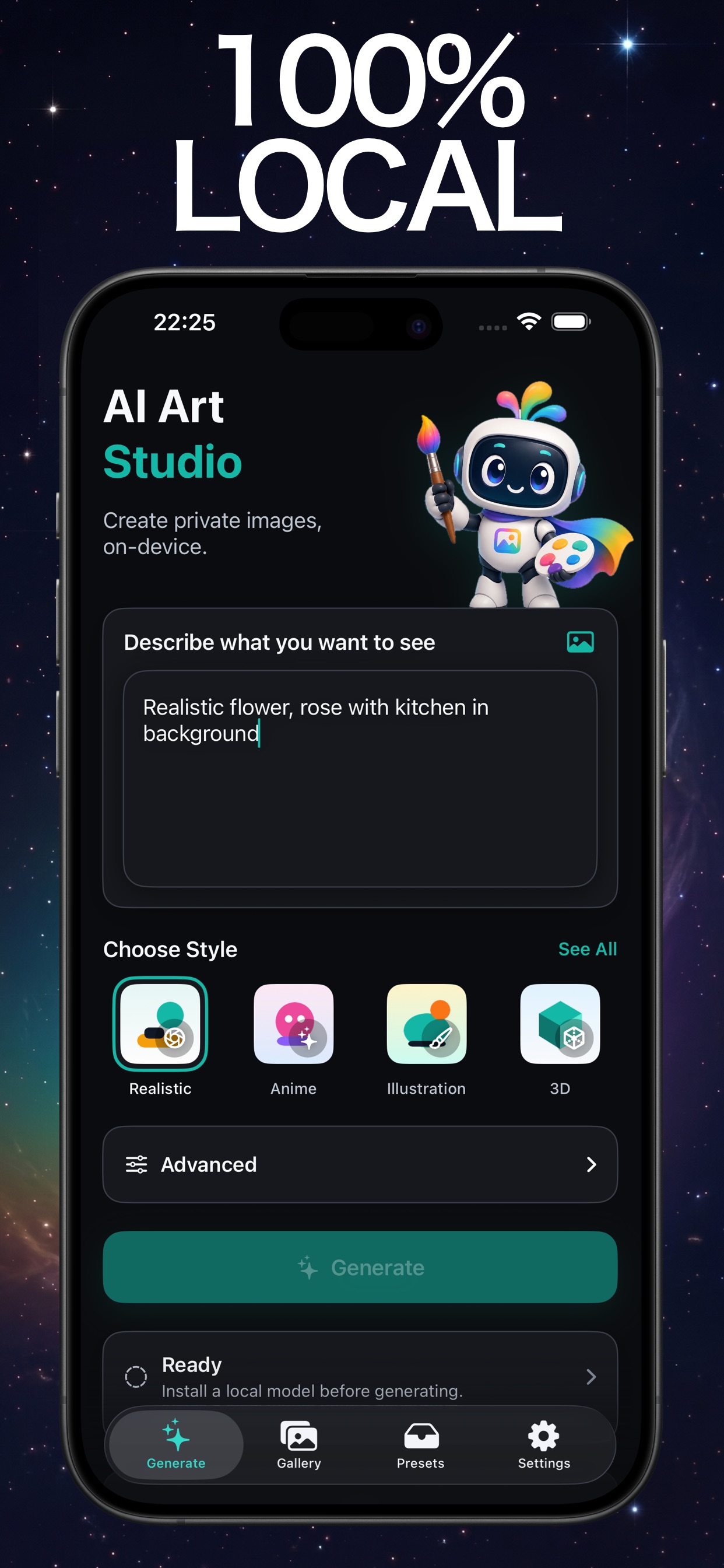 Local AI Image Generator workspace on iPhone with prompt, style, advanced settings, and local model status