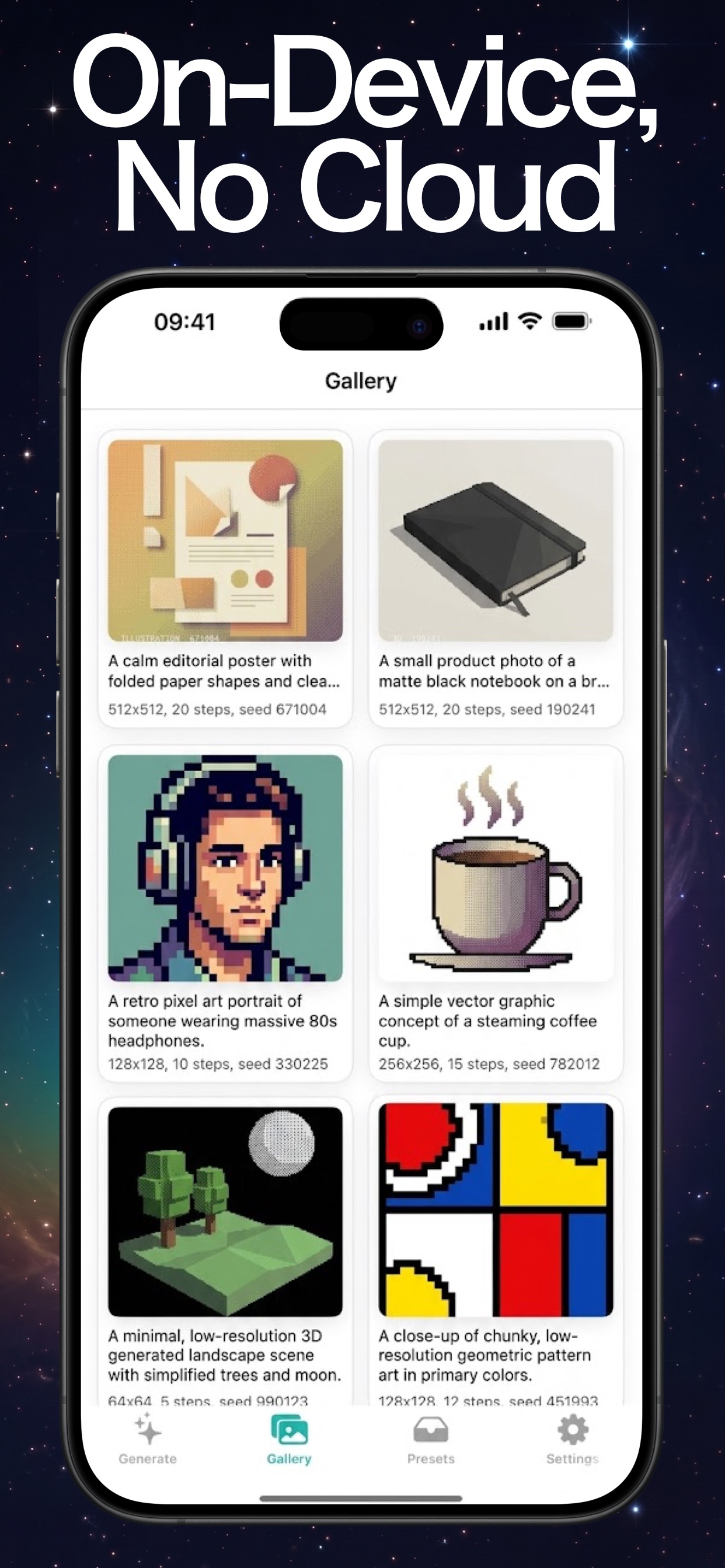 Local AI Image Generator gallery showing generated images with prompts, sizes, steps, and seeds