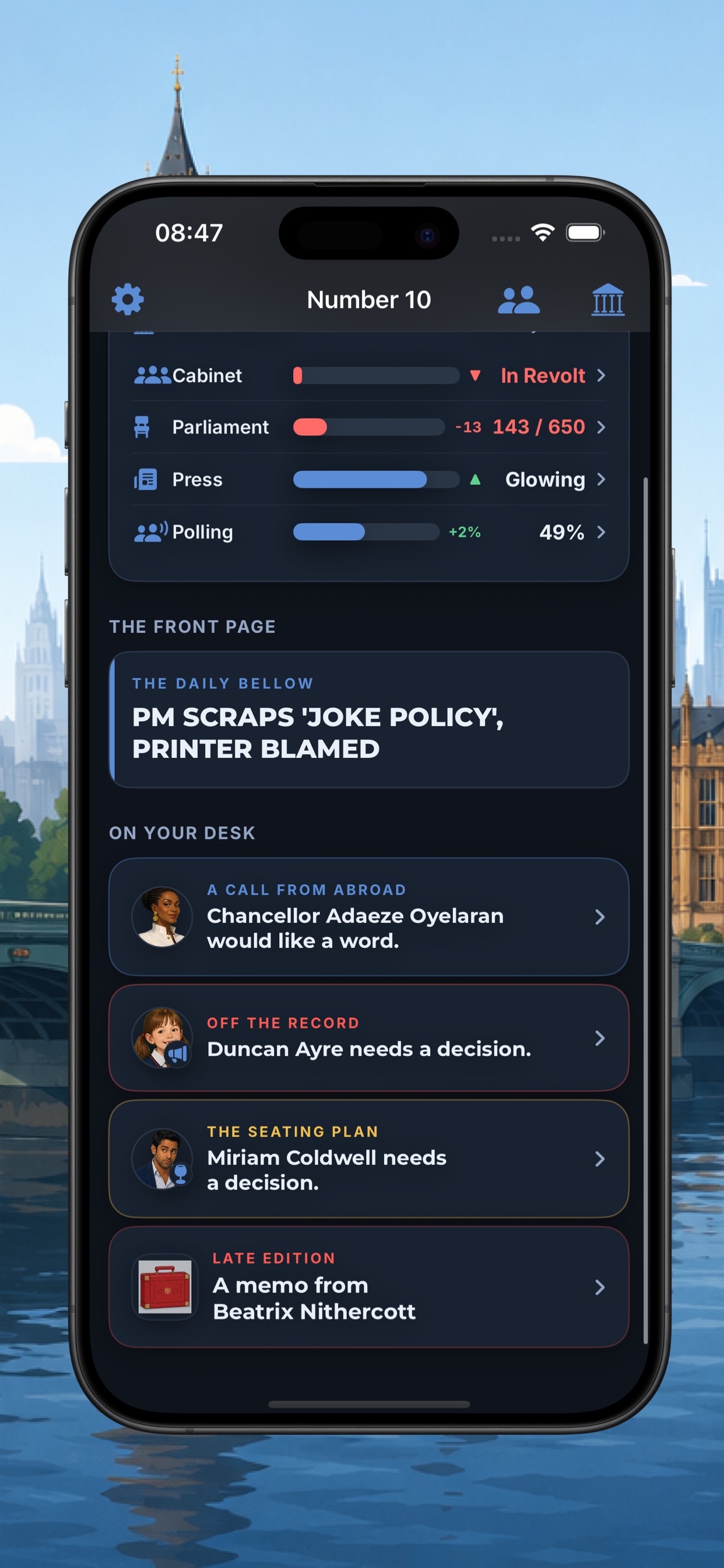 Prime Minister Sim dashboard showing faction meters, polling, headlines, and decisions