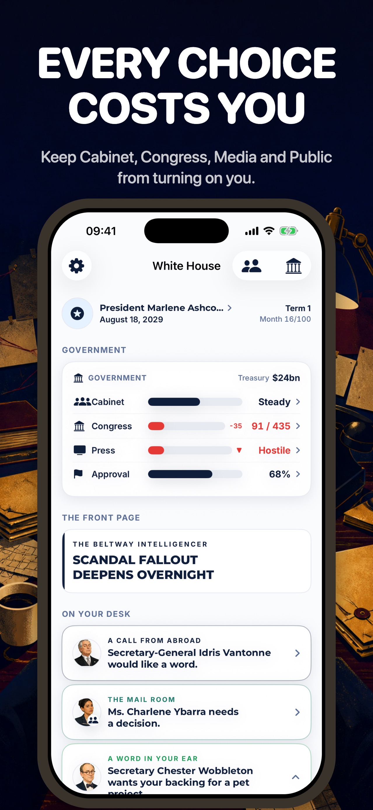Oval Office President Sim dashboard with four faction meters and current political pressures