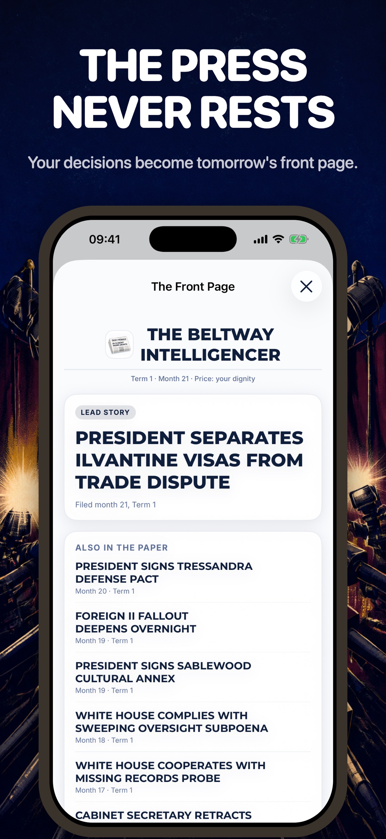 Oval Office President Sim fictional newspaper front page showing the consequences of presidential decisions