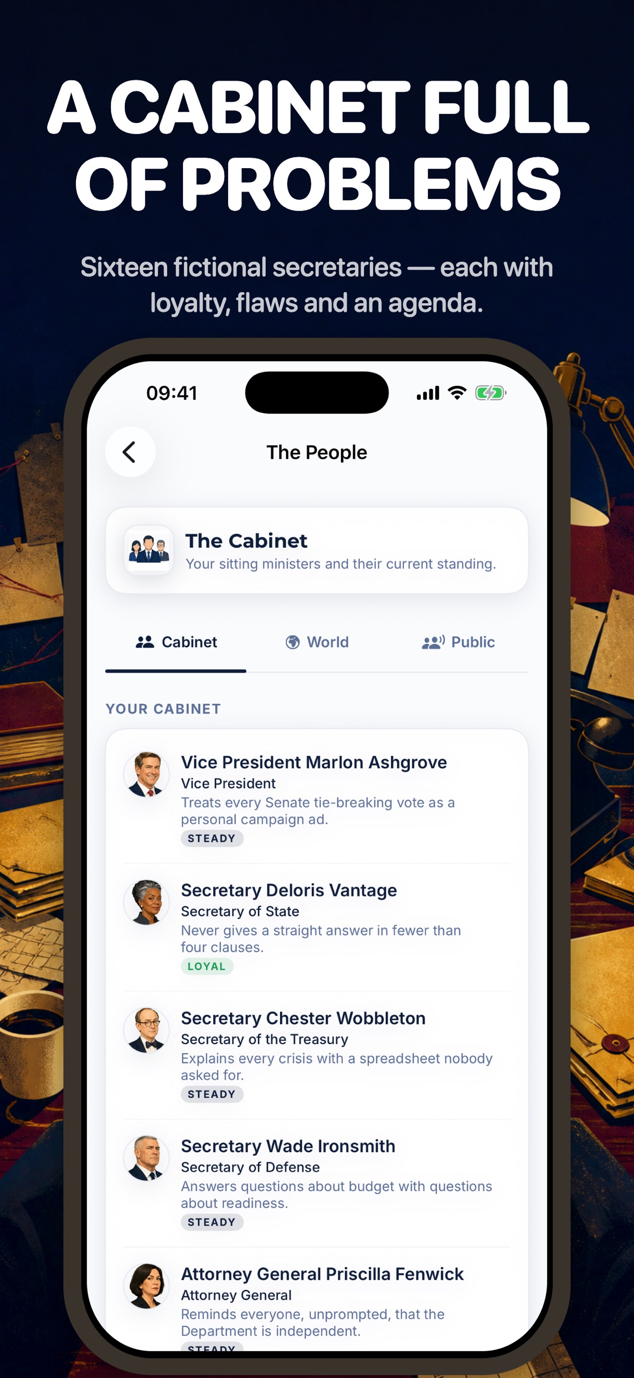 Oval Office President Sim Cabinet directory showing fictional secretaries, roles, and loyalty