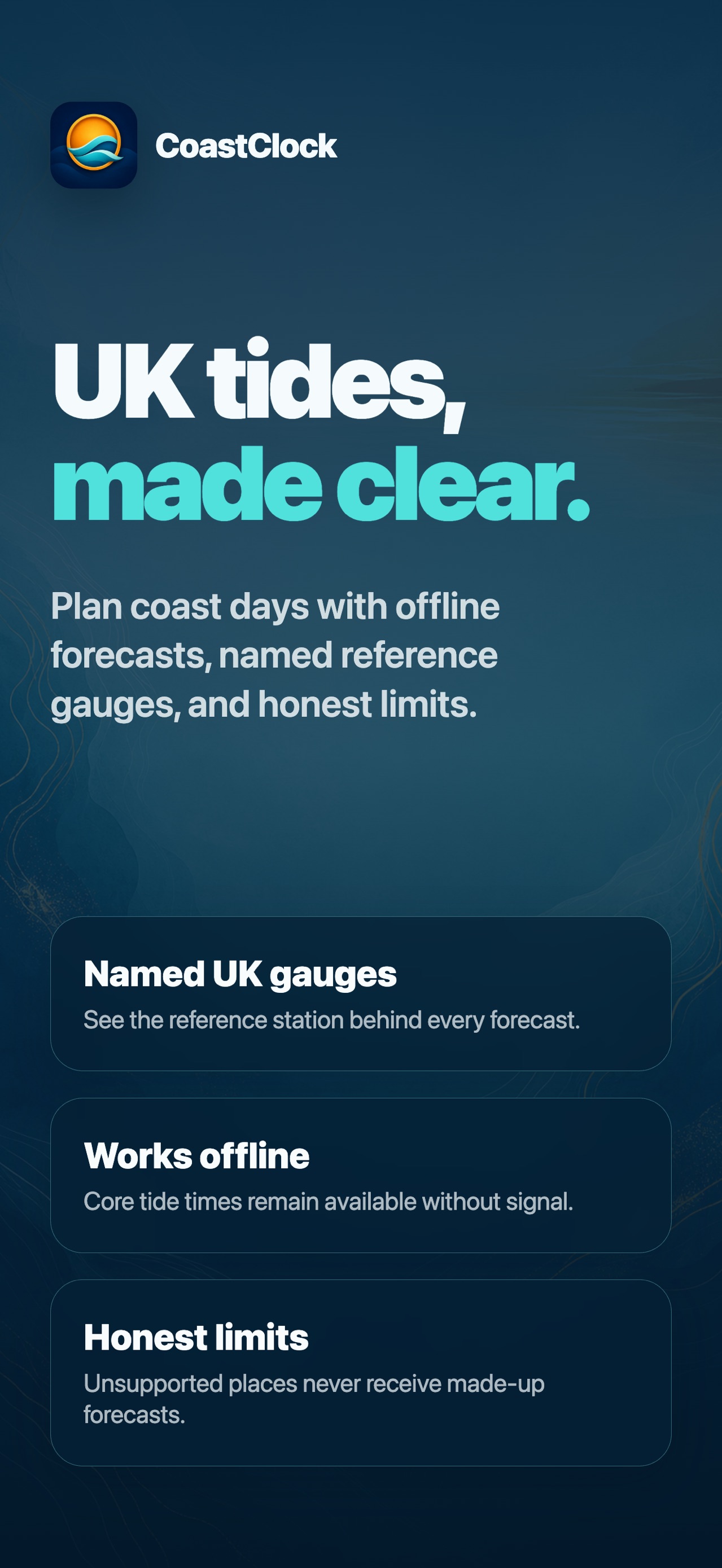 CoastClock promotional artwork describing UK tides, named reference gauges, offline forecasts, and clear limits