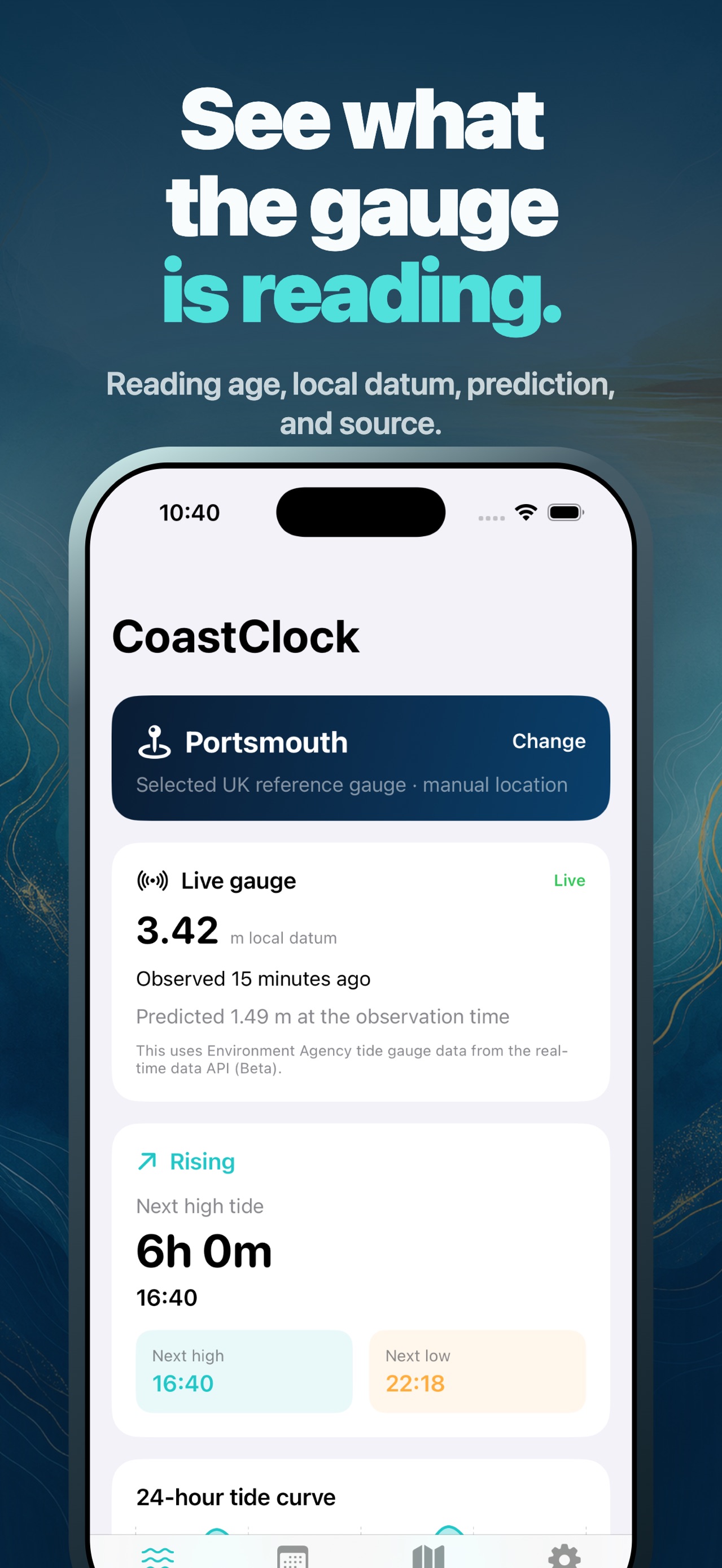 CoastClock screen showing a live gauge reading, next high and low tides, and a 24-hour curve