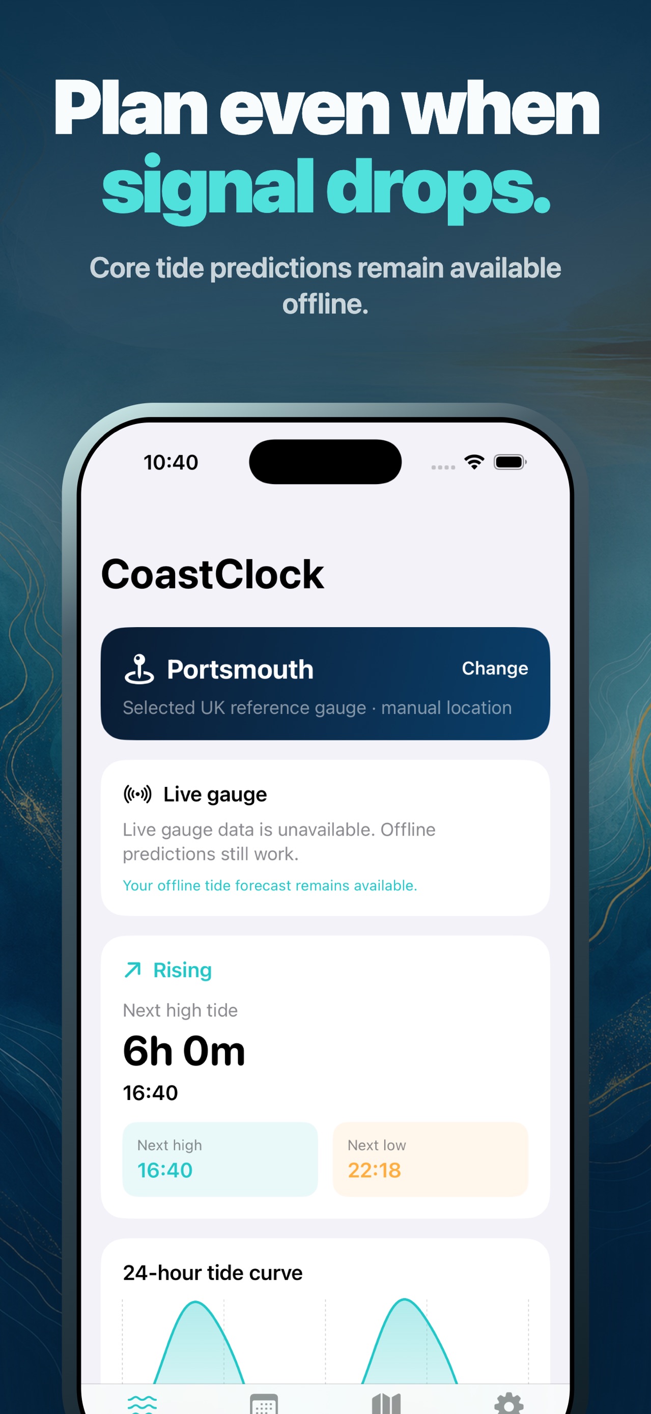 CoastClock screen showing offline predictions, next high and low tides, and a 24-hour curve