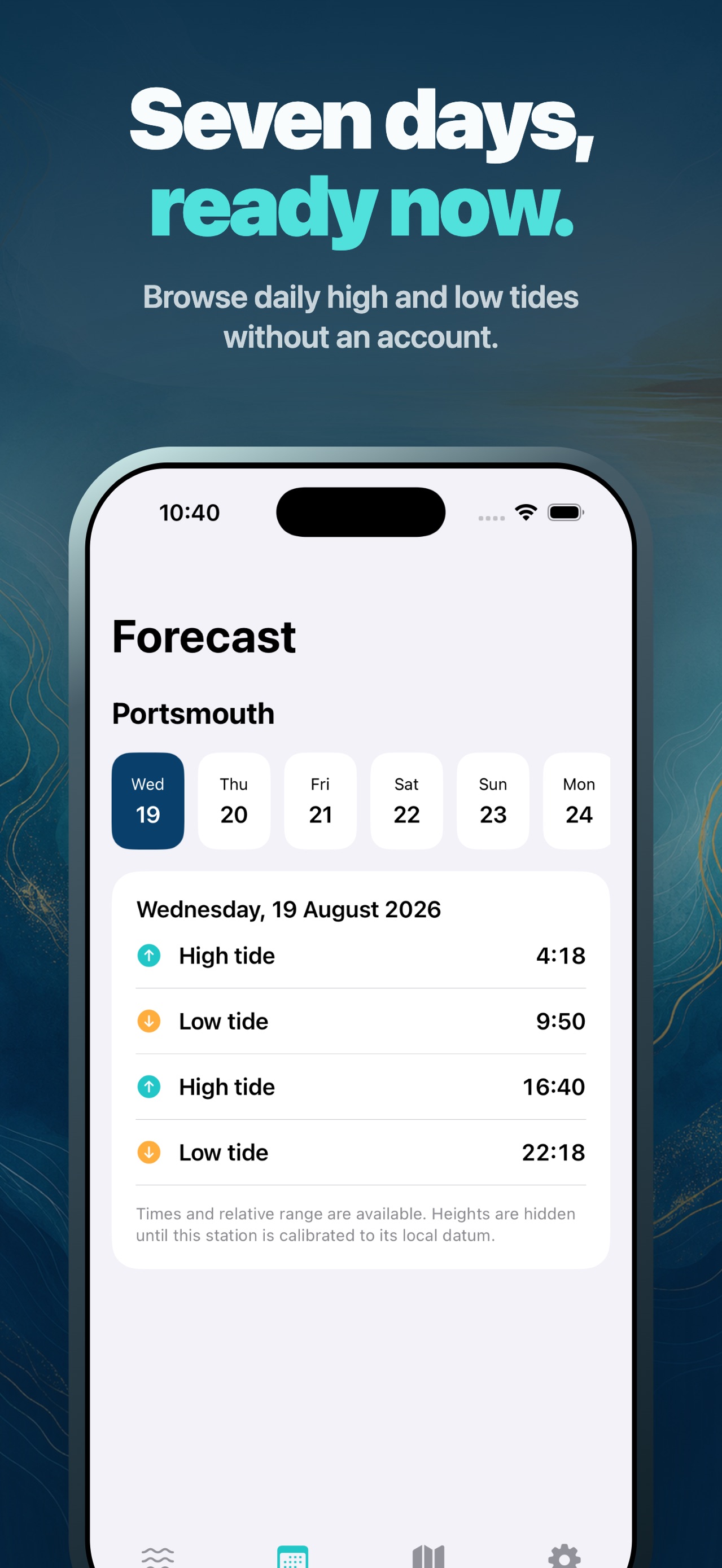 CoastClock seven-day forecast showing daily high and low tide times for a UK reference gauge