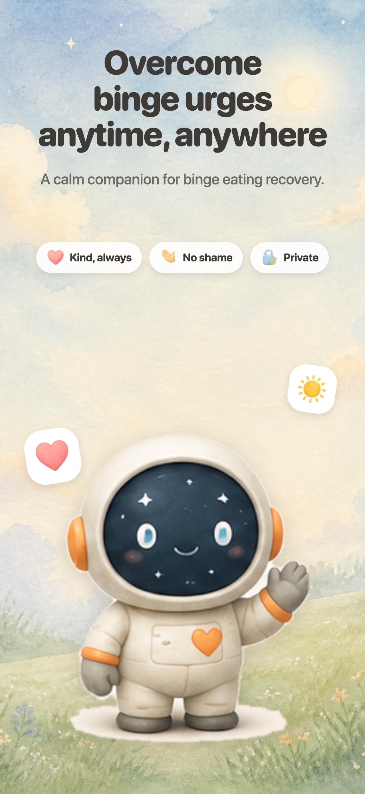 BingeFree promotional artwork showing a mascot and a calm companion for binge eating recovery