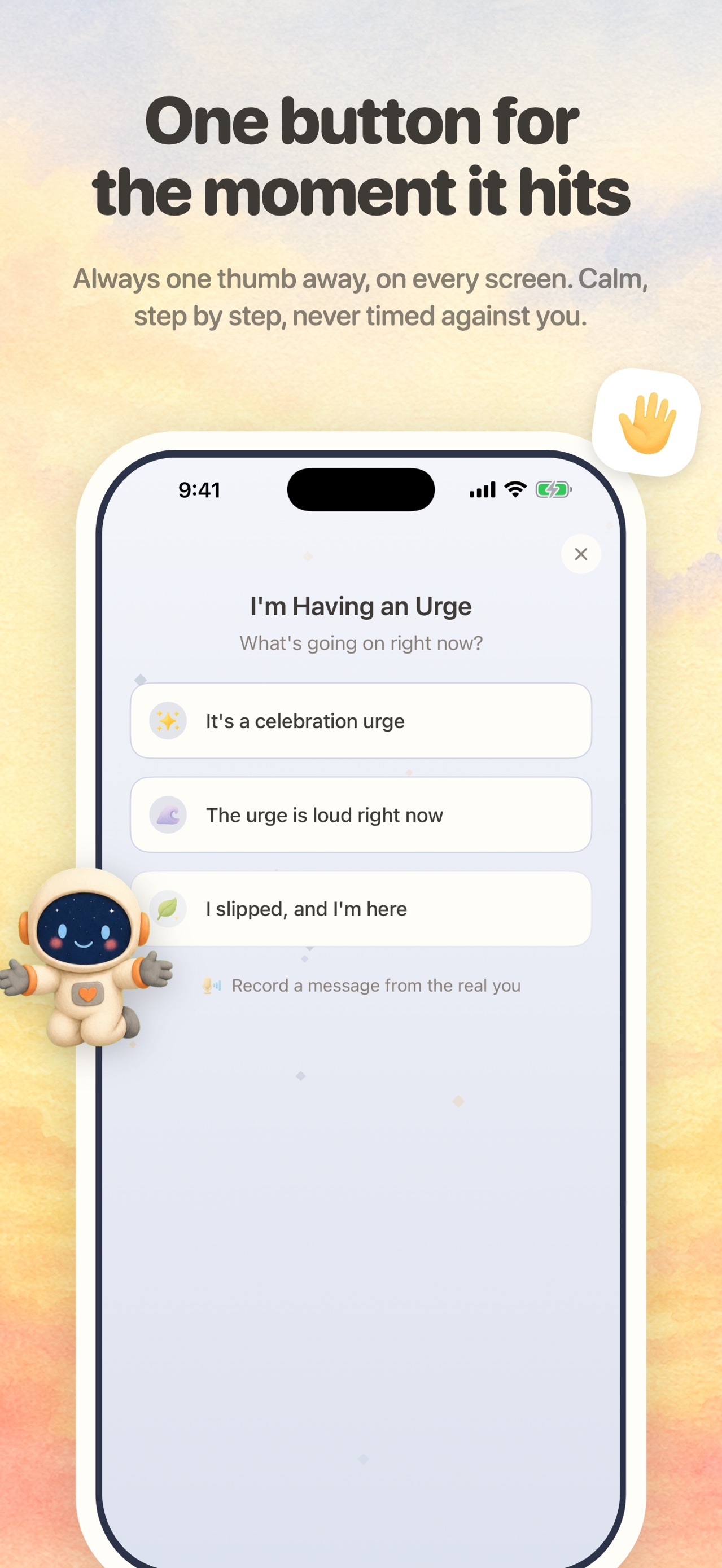BingeFree urge screen offering choices for what is happening right now
