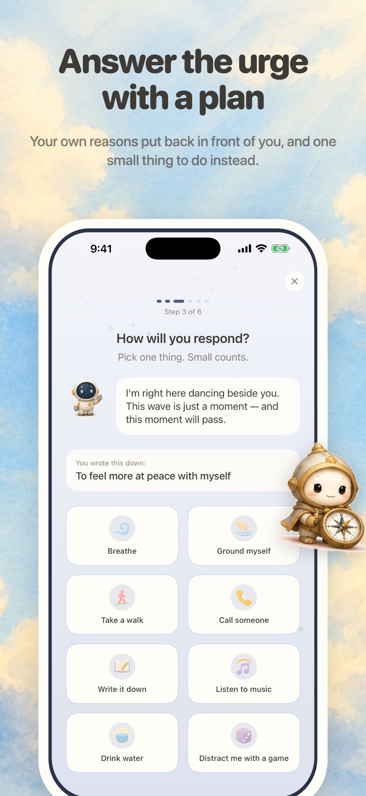 BingeFree guided response screen offering breathing, grounding, walking, writing, and distraction choices
