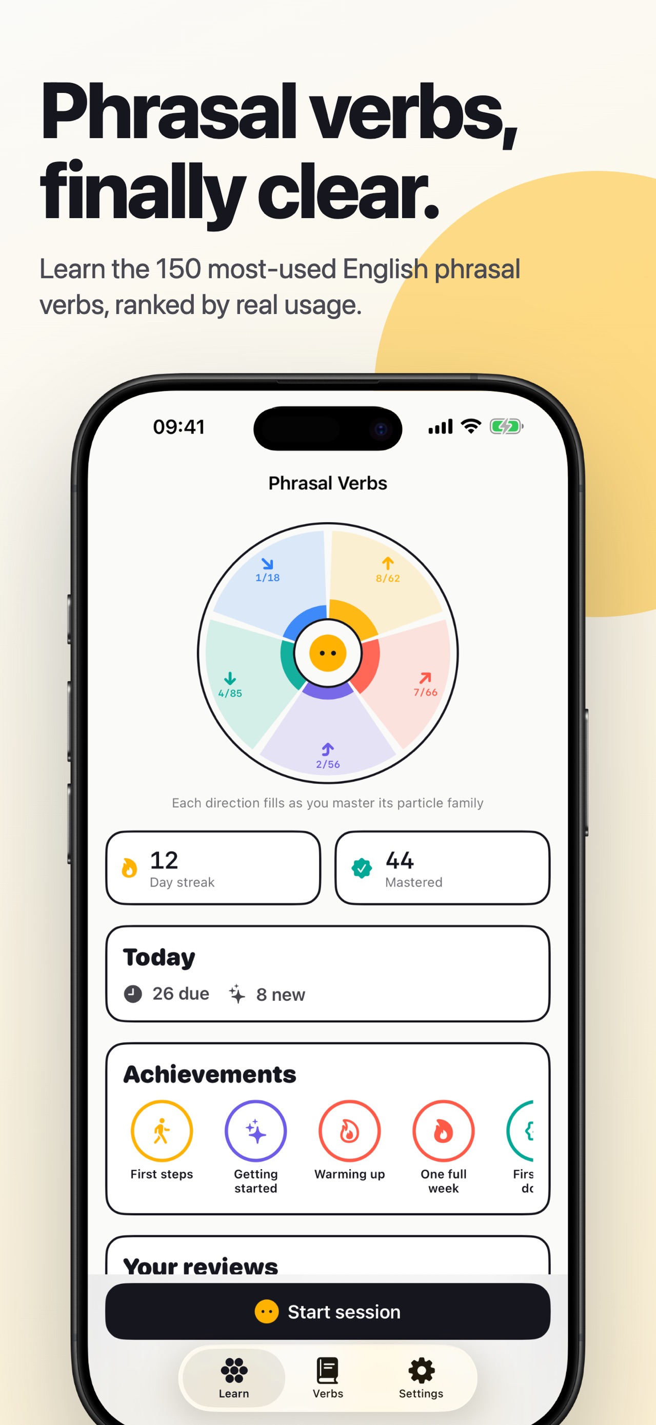 Phrasal Verbs English Trainer home screen introducing daily review practice