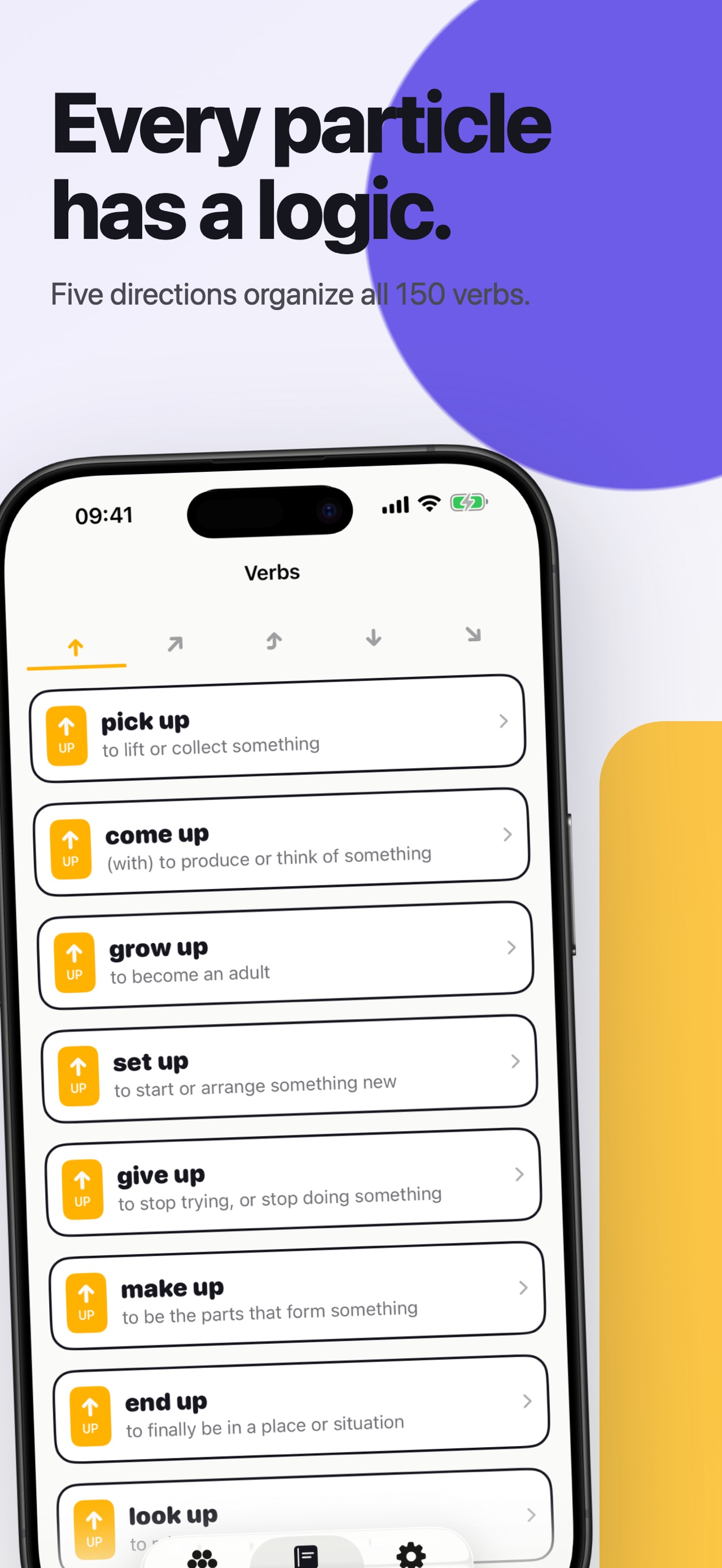 Phrasal Verbs English Trainer verb list organized by particle direction with definitions